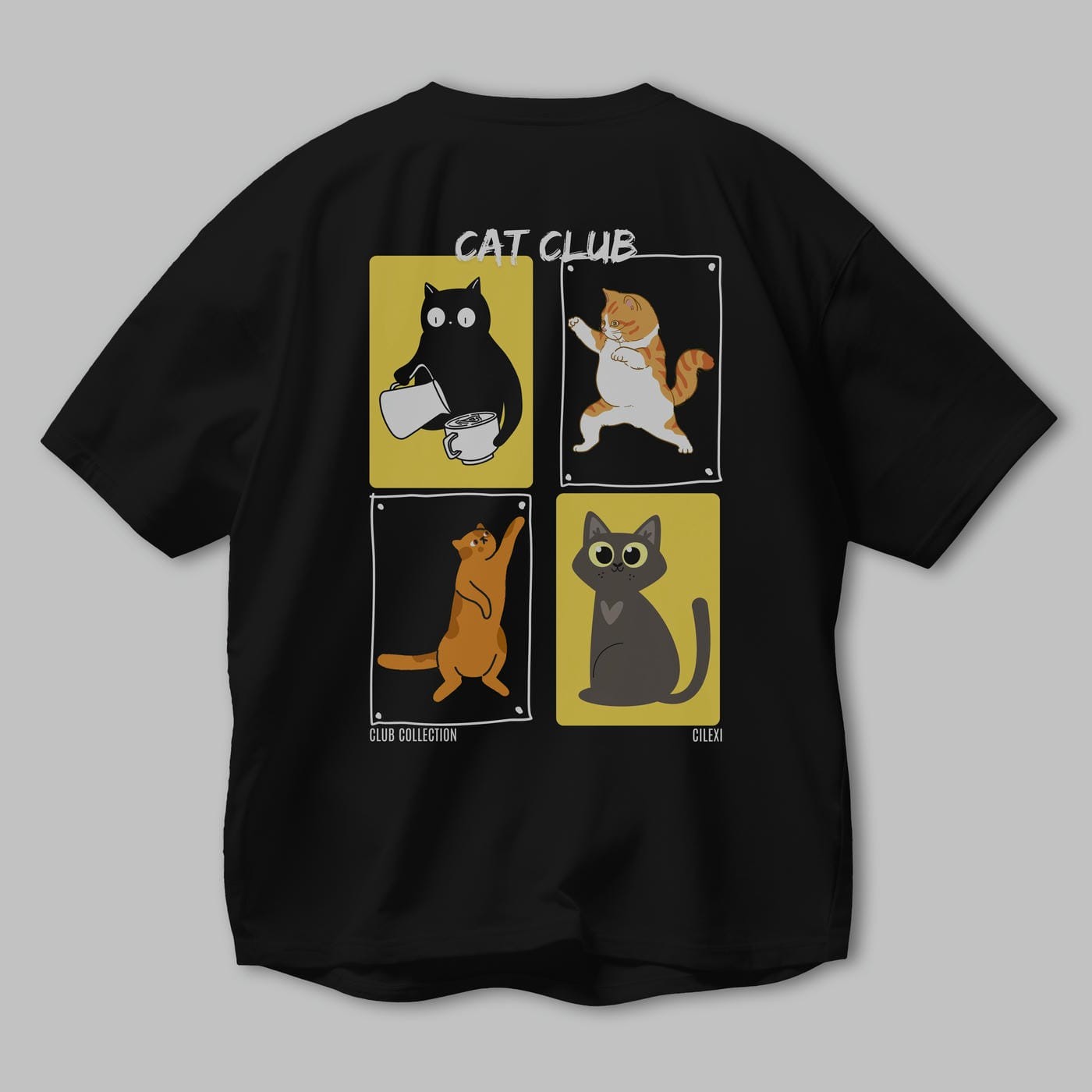 Cat Club Arka Baskılı Oversize t-shirt Erkek Kadın %100 Pamuk Bisiklet Yaka tişort
