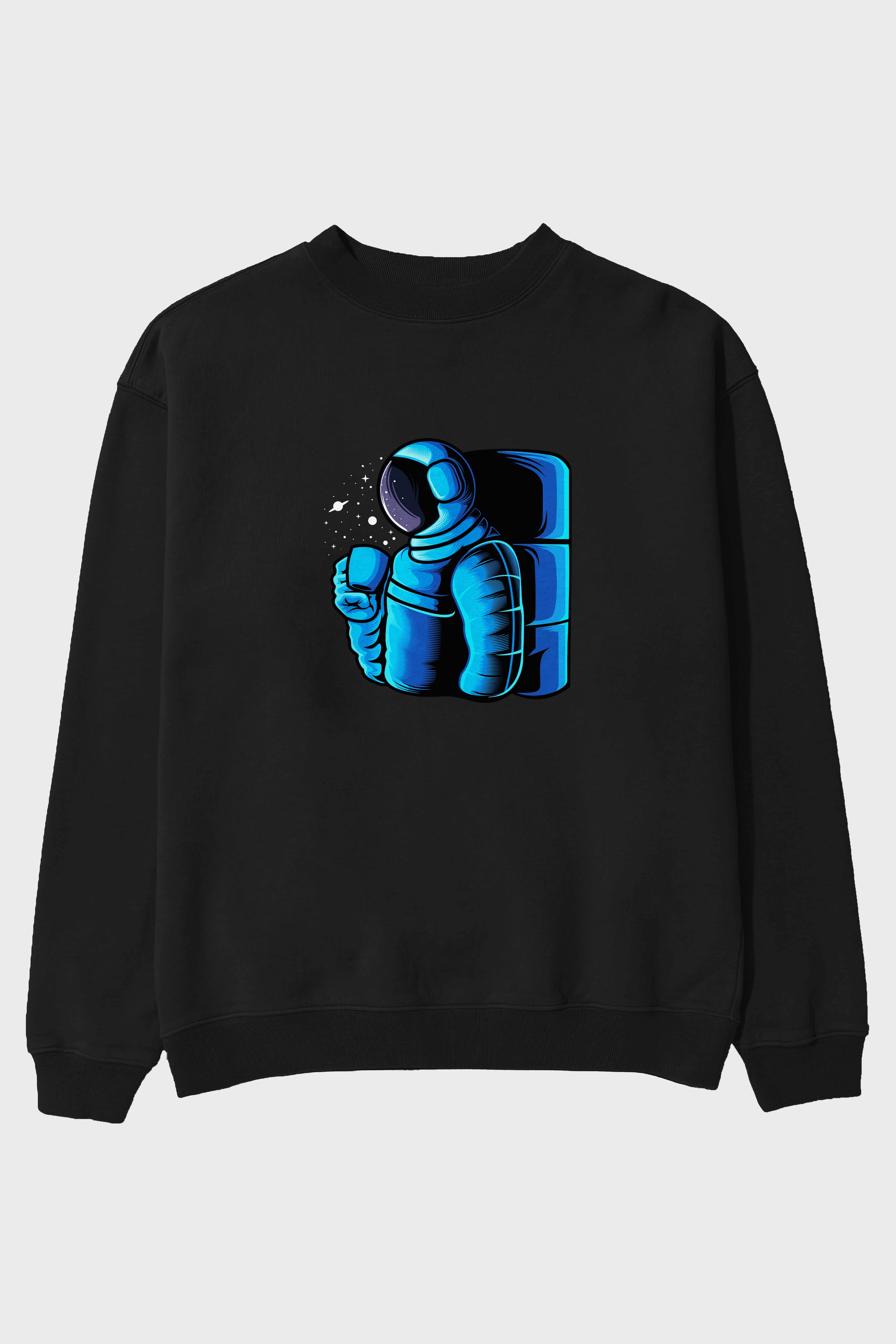 Drinking coffee in space Ön Baskılı Oversize Sweatshirt Erkek Kadın Unisex