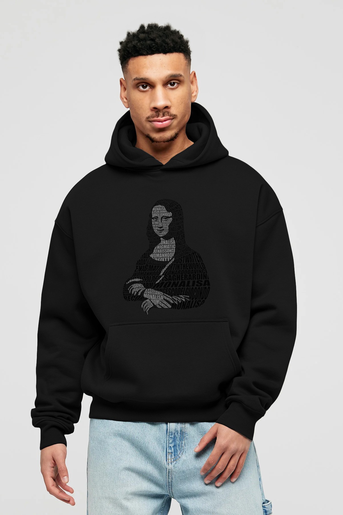 Mona Lisa Calligram Ön Baskılı Hoodie Oversize Kapüşonlu Sweatshirt Erkek Kadın Unisex