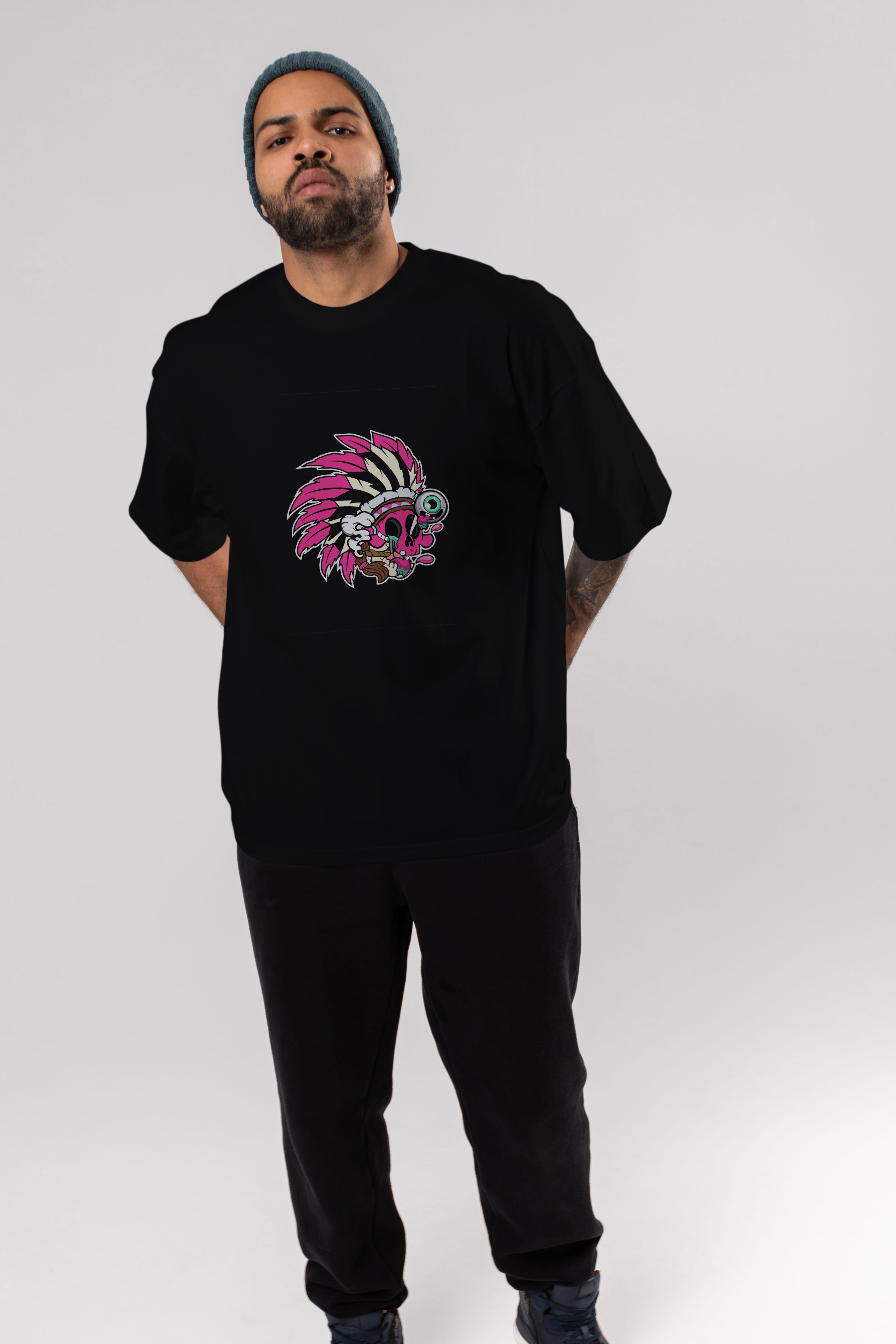 Skull Indian Ön Baskılı Oversize t-shirt Erkek Kadın Unisex %100 Pamuk tişort