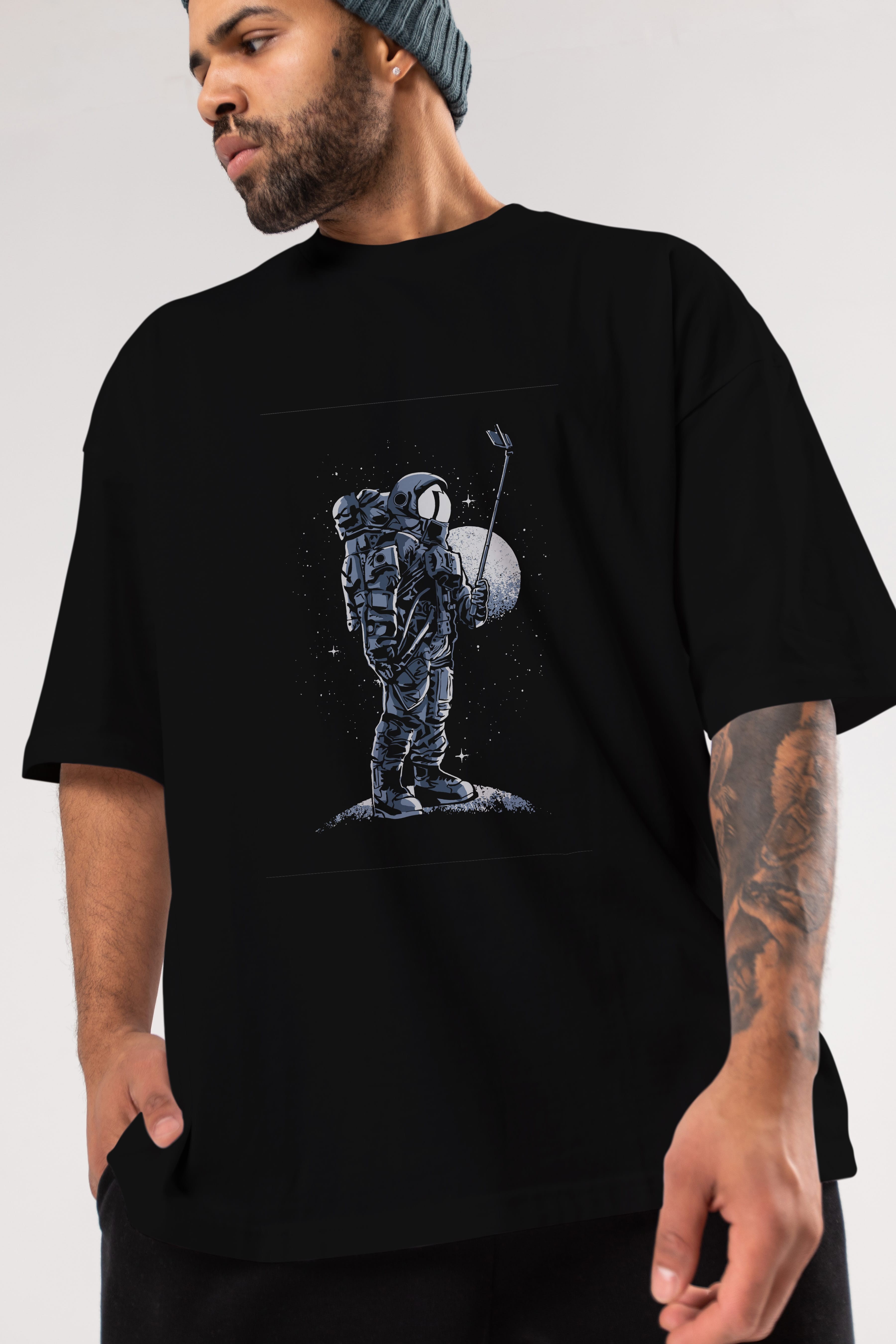Selfie Astronaut Ön Baskılı Oversize t-shirt Erkek Kadın Unisex %100 Pamuk tişort