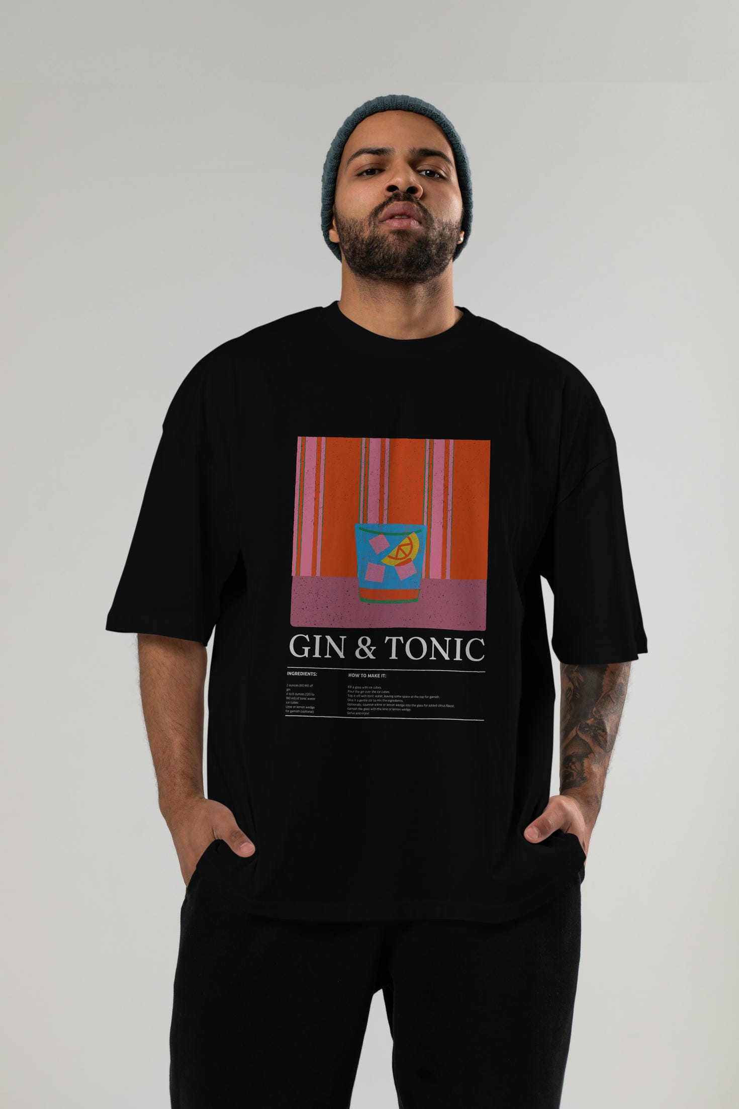 Gin tonic Kokteyl Ön Baskılı Oversize t-shirt Erkek Kadın %100 Pamuk Bisiklet Yaka tişort