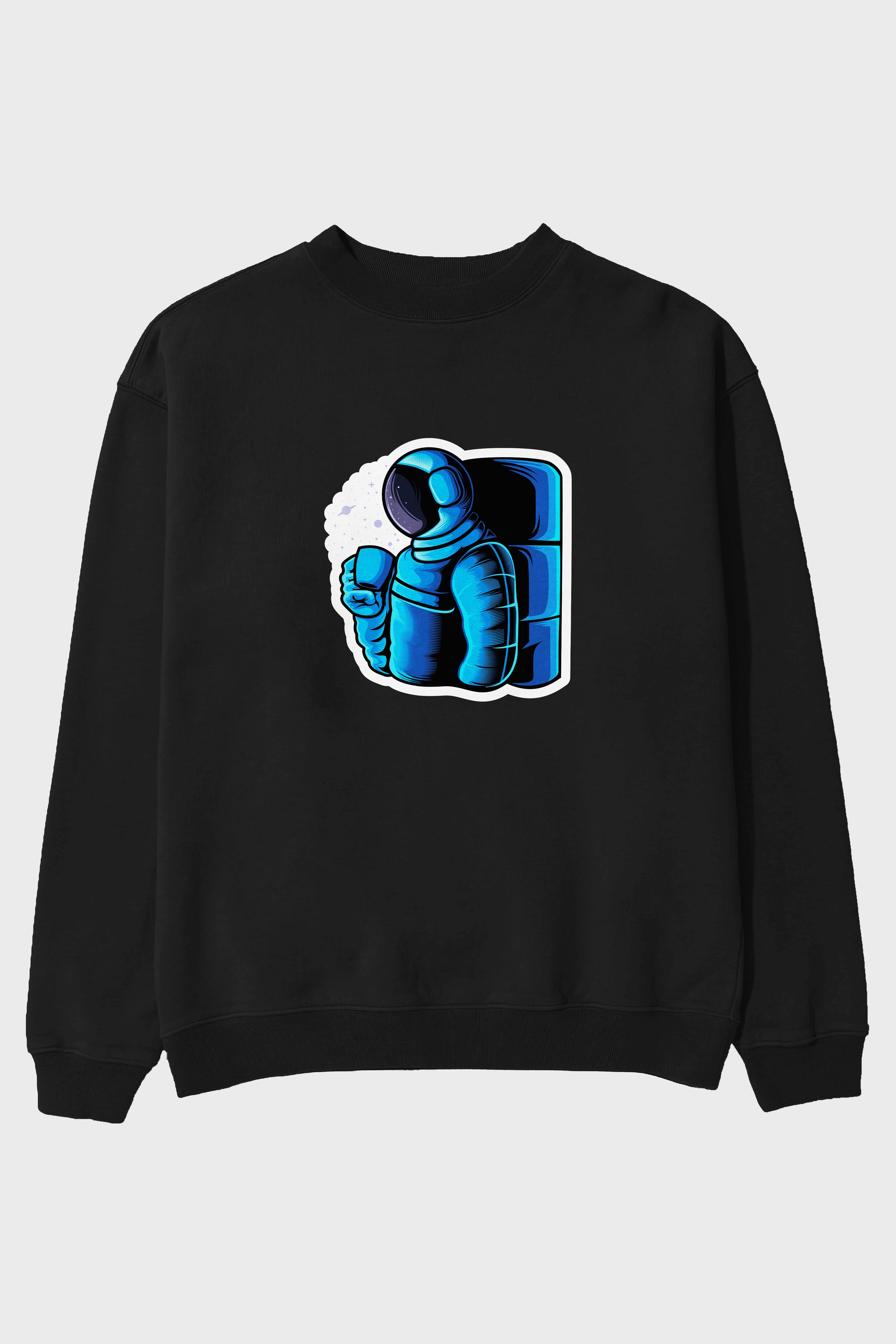 Drinking coffee in space sticker Ön Baskılı Oversize Sweatshirt Erkek Kadın Unisex
