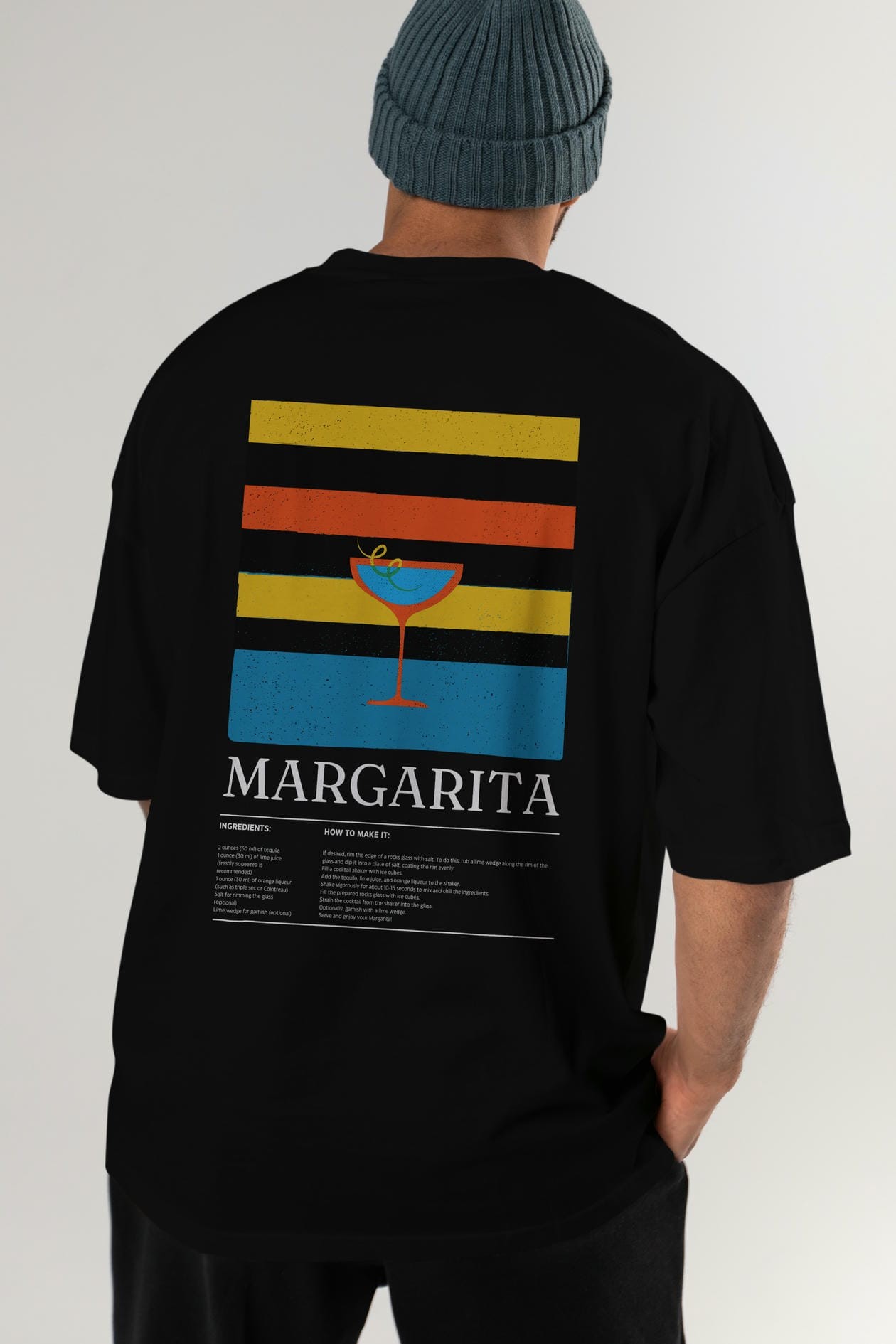Margarita Kokteyl Serisi Arka Baskılı Oversize t-shirt Erkek Kadın %100 Pamuk Bisiklet Yaka tişort