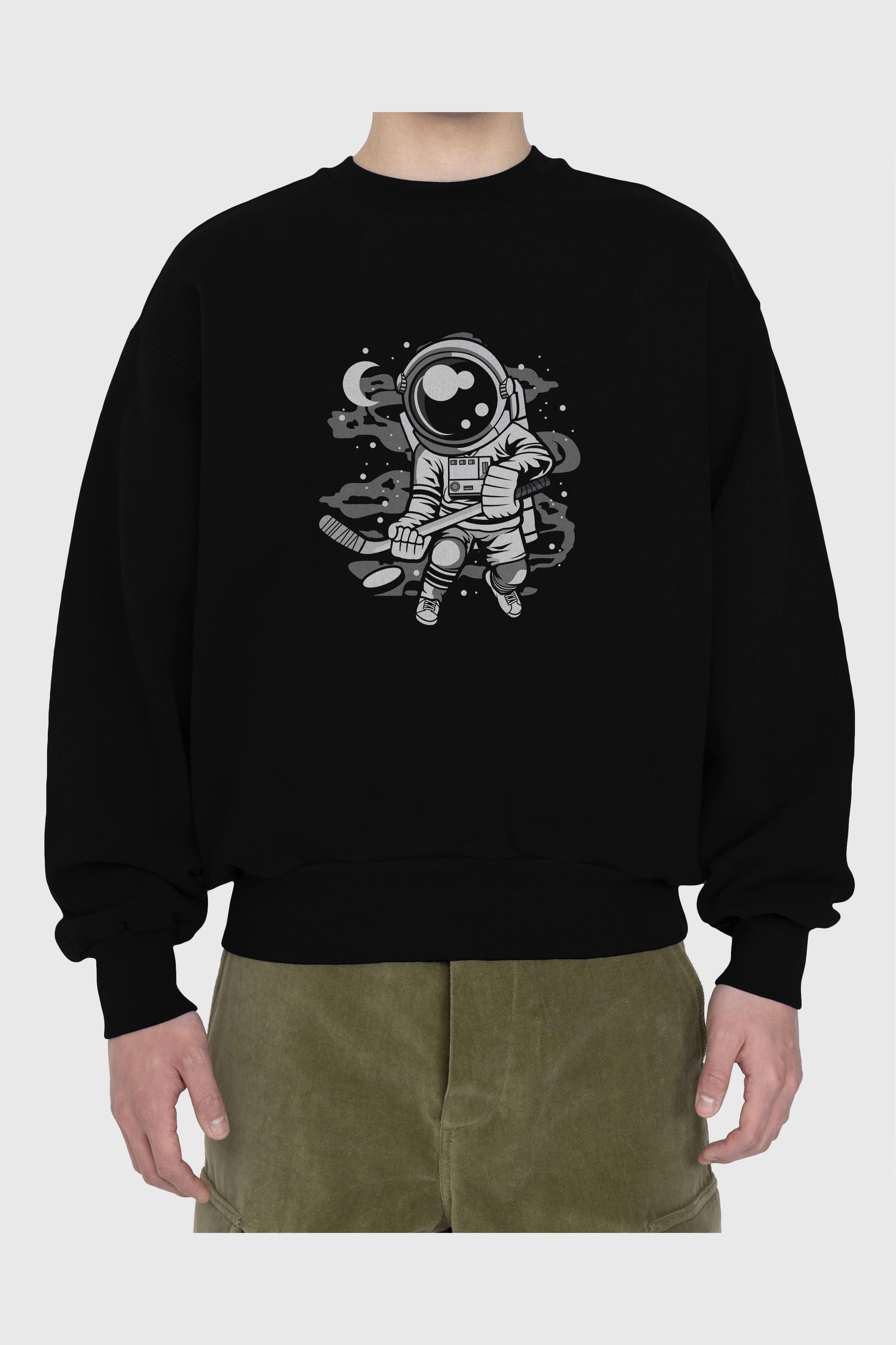 Hockey Player Astronaut Ön Baskılı Oversize Sweatshirt Erkek Kadın Unisex