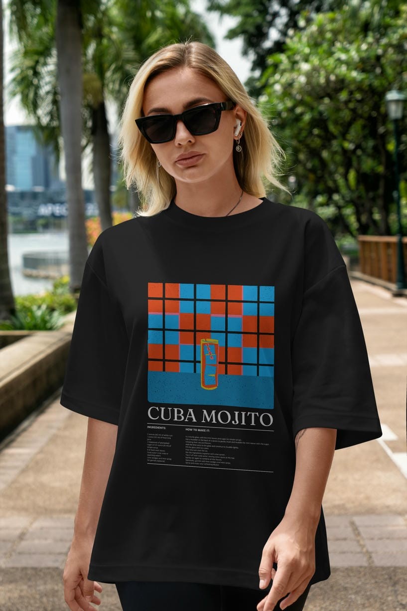 Cuba Mojito Kokteyl Ön Baskılı Oversize t-shirt Erkek Kadın %100 Pamuk Bisiklet Yaka tişort