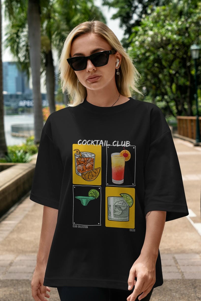 Cocktail Club ön Baskılı Oversize t-shirt Erkek Kadın %100 Pamuk Bisiklet Yaka tişort