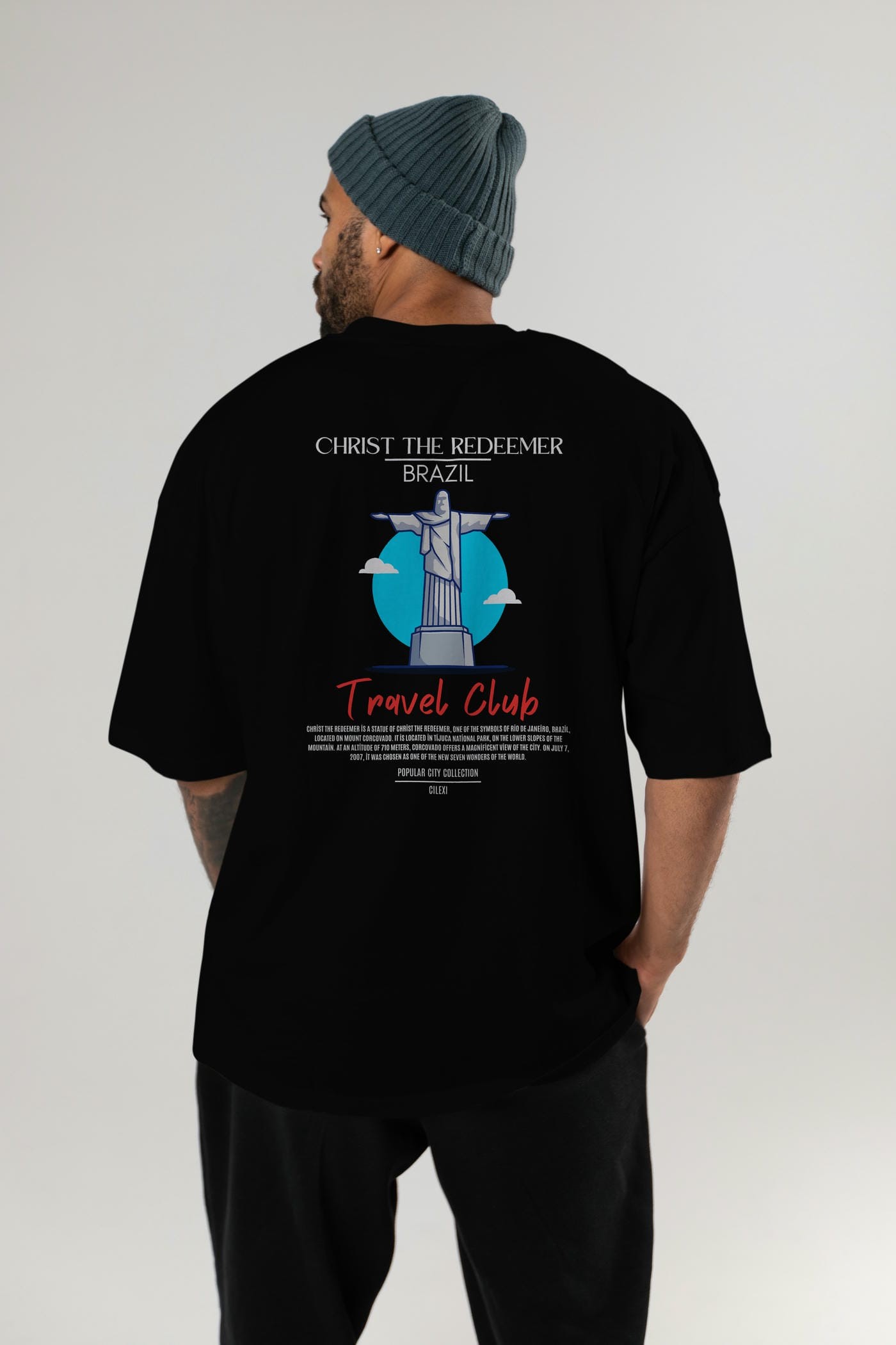 Christ The Redeemer Brazil Arka Baskılı Oversize t-shirt Erkek Kadın Pamuk Bisiklet Yaka tişort
