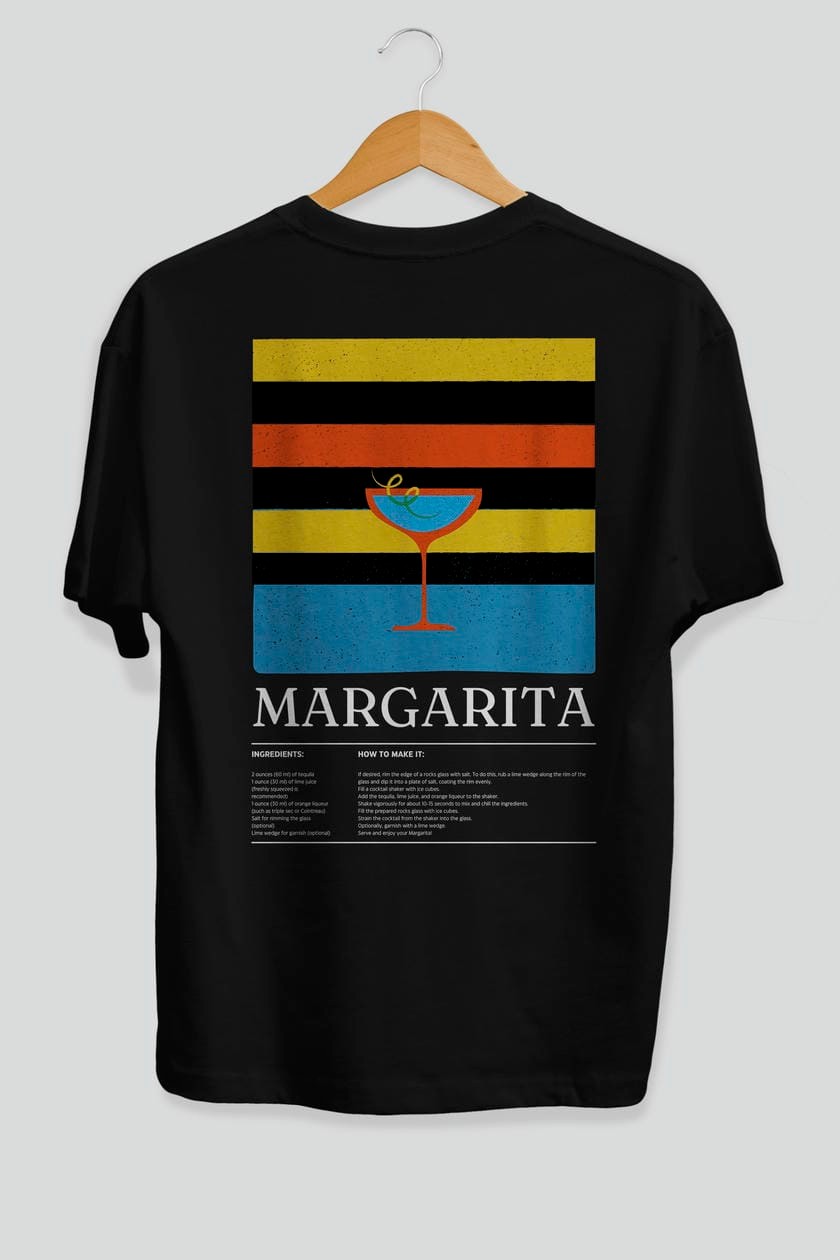 Margarita Kokteyl Serisi Arka Baskılı Oversize t-shirt Erkek Kadın %100 Pamuk Bisiklet Yaka tişort