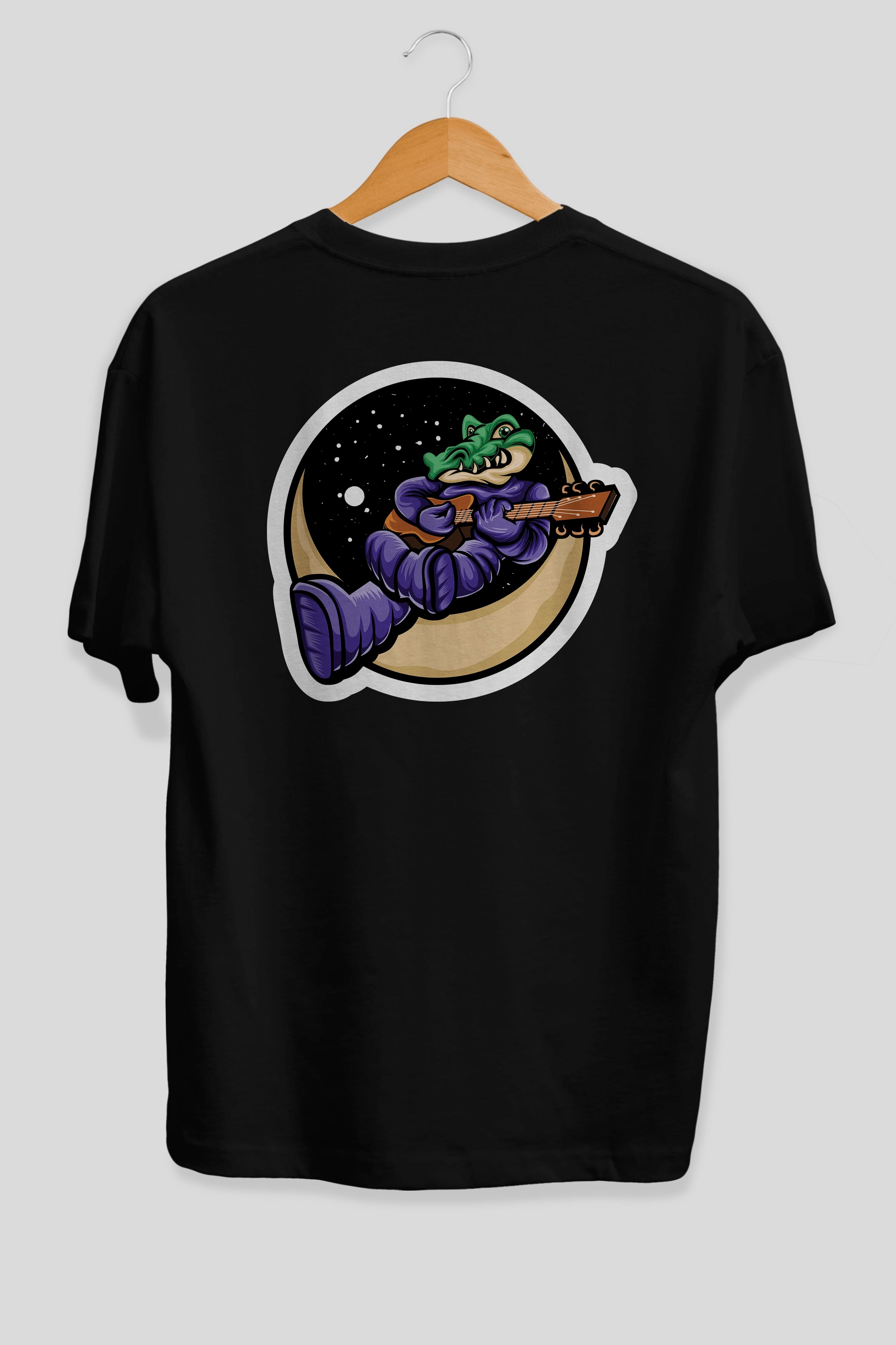 Space Crocodile Sticker Arka Baskılı Oversize t-shirt Erkek Kadın Unisex