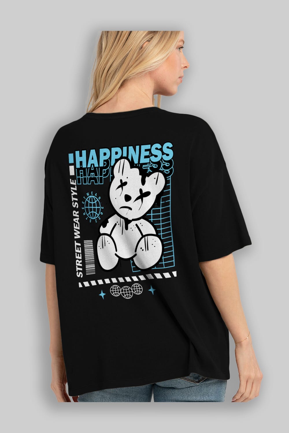 Happiness Bear 2 Arka Baskılı Oversize t-shirt Erkek Kadın Unisex