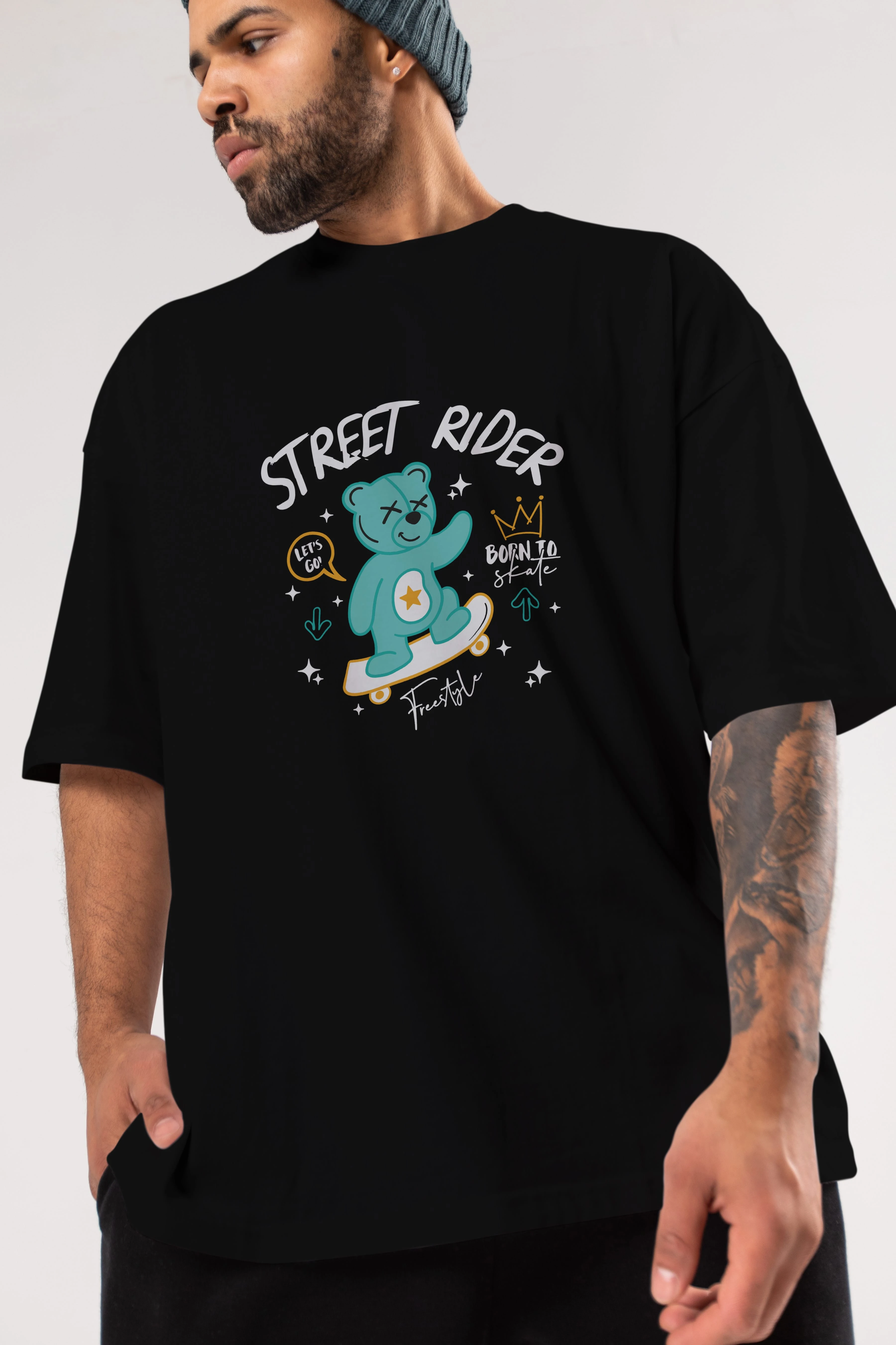 Street Rider Bear Ön Baskılı Oversize t-shirt Erkek Kadın Unisex
