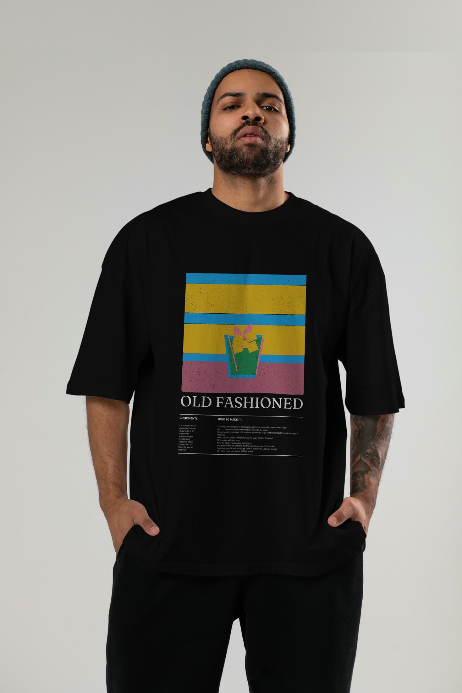 Old Fashioned Kokteyl Ön Baskılı Oversize t-shirt Erkek Kadın %100 Pamuk Bisiklet Yaka tişort