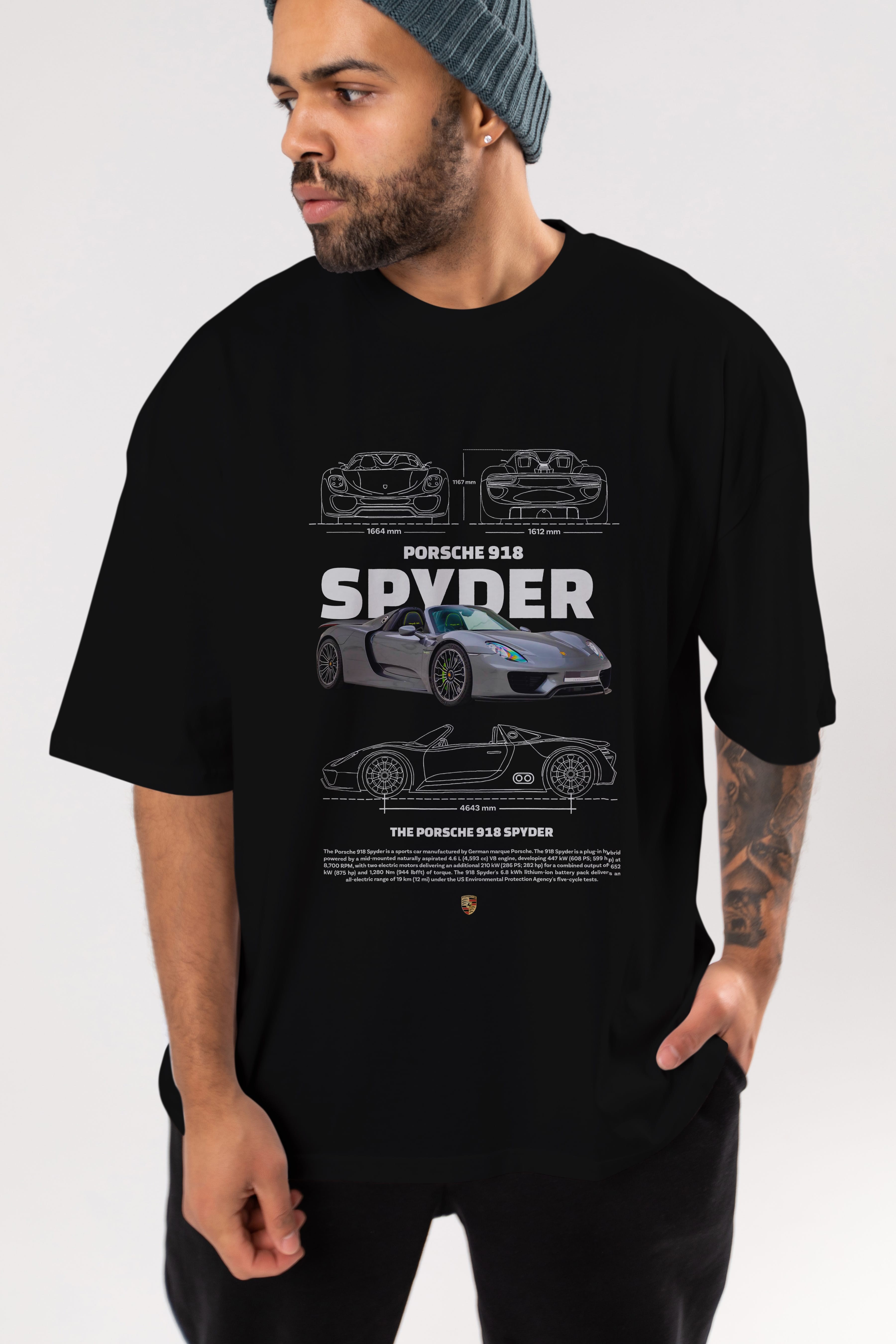 PORSCHE 918 SPYDER 3 Ön Baskılı Oversize t-shirt Erkek Kadın Unisex %100 Pamuk Bisiklet Yaka tişort