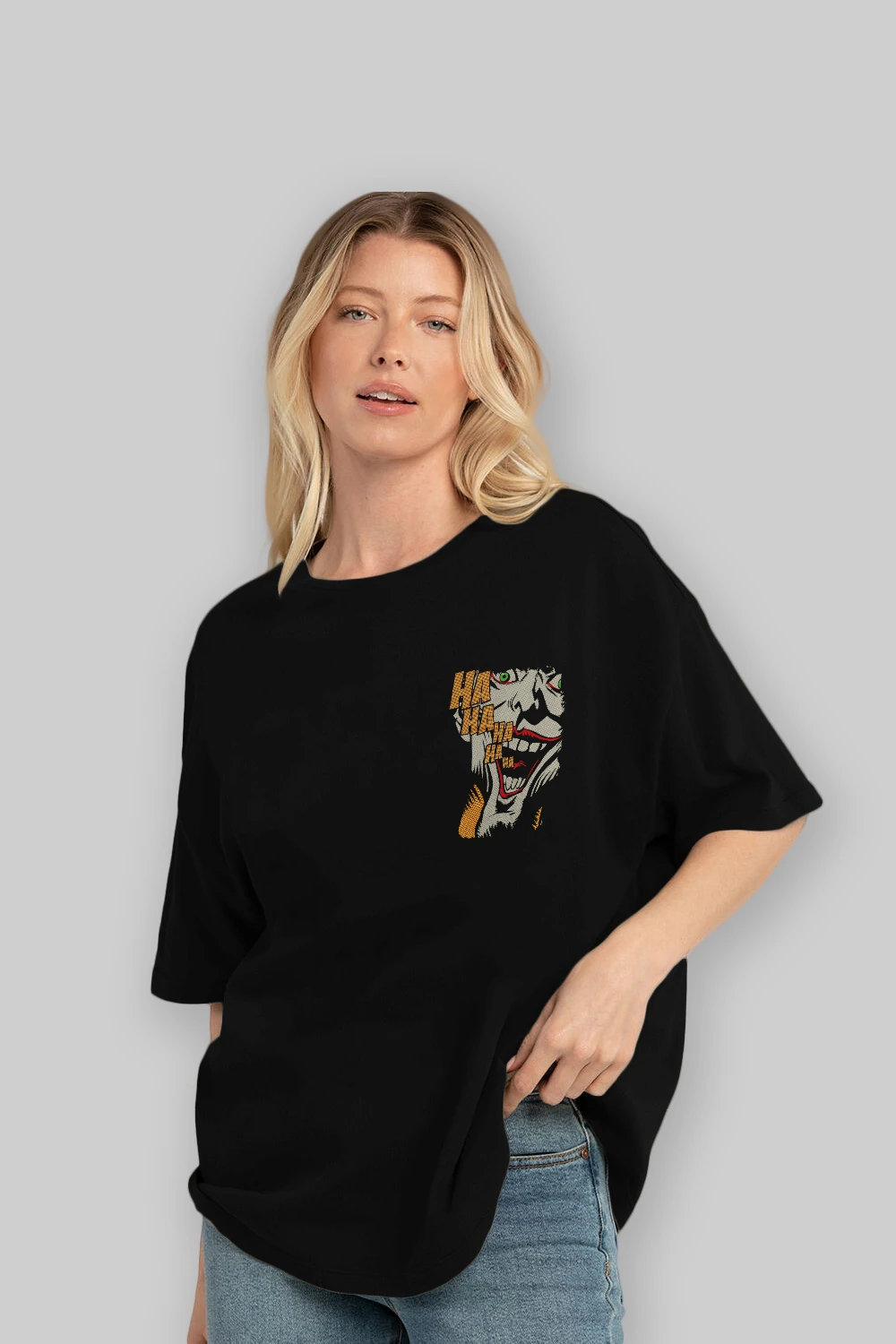 Joker (7) Ön Sol Baskılı Oversize t-shirt Erkek Kadın Unisex %100 Pamuk Bisiklet Yaka tişort