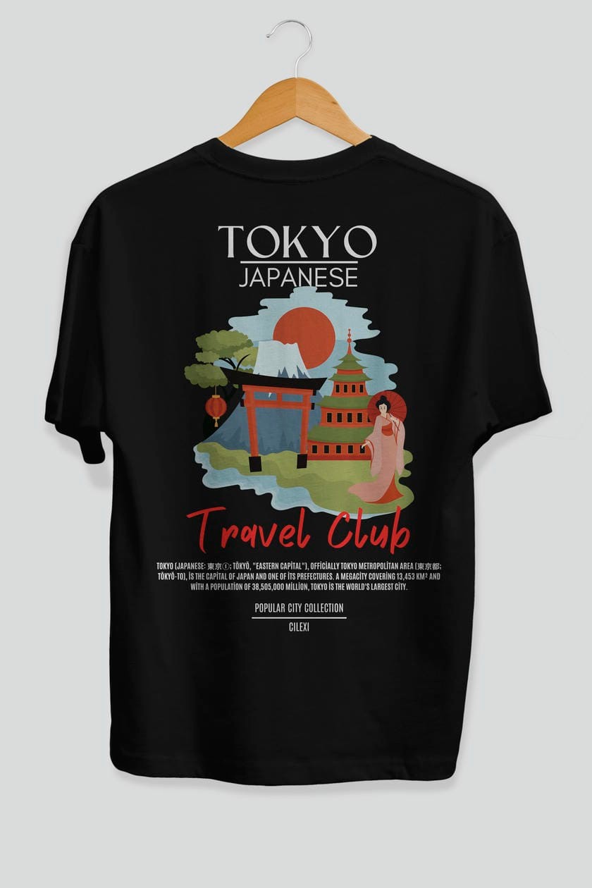 Tokyo Japanese Arka Baskılı Oversize t-shirt Erkek Kadın Pamuk Bisiklet Yaka tişort