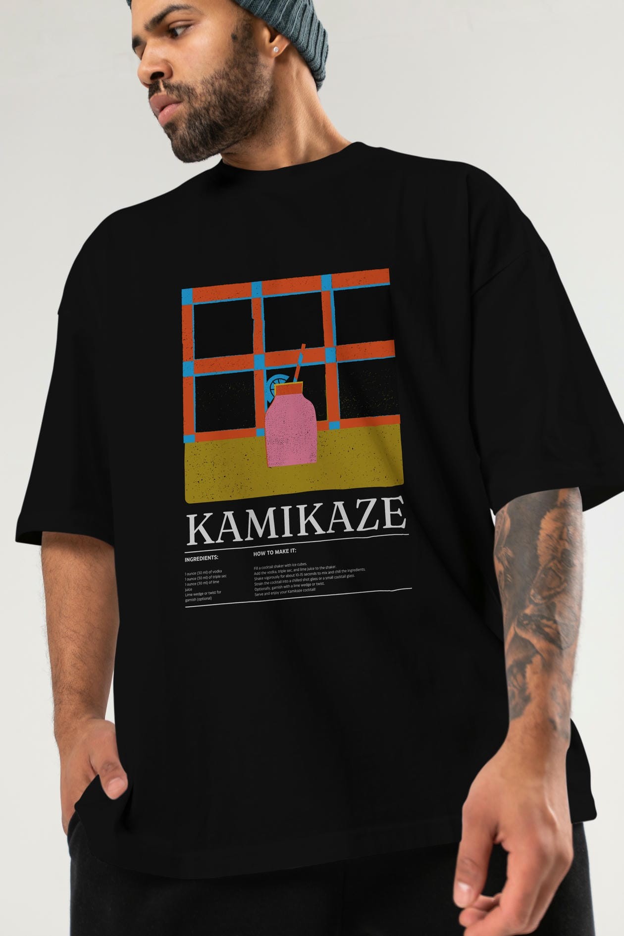 Kamikaze Kokteyl Ön Baskılı Oversize t-shirt Erkek Kadın %100 Pamuk Bisiklet Yaka tişort