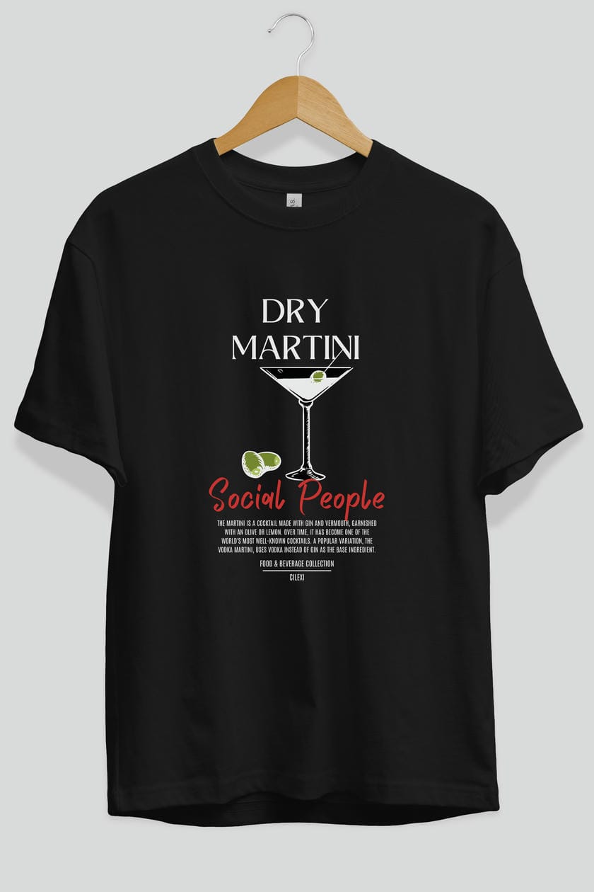 Dry Martını Kokteyl Serisi ön Baskılı Oversize t-shirt Erkek Kadın %100 Pamuk Bisiklet Yaka tişort