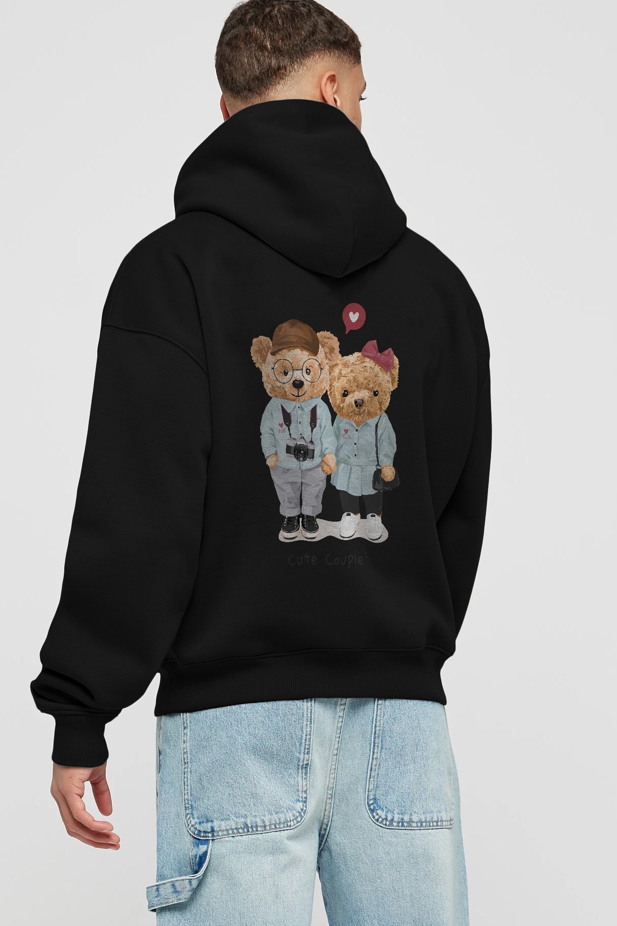 Teddy Bear Cute Couple Arka Baskılı Hoodie Oversize Kapüşonlu Sweatshirt Erkek Kadın Unisex