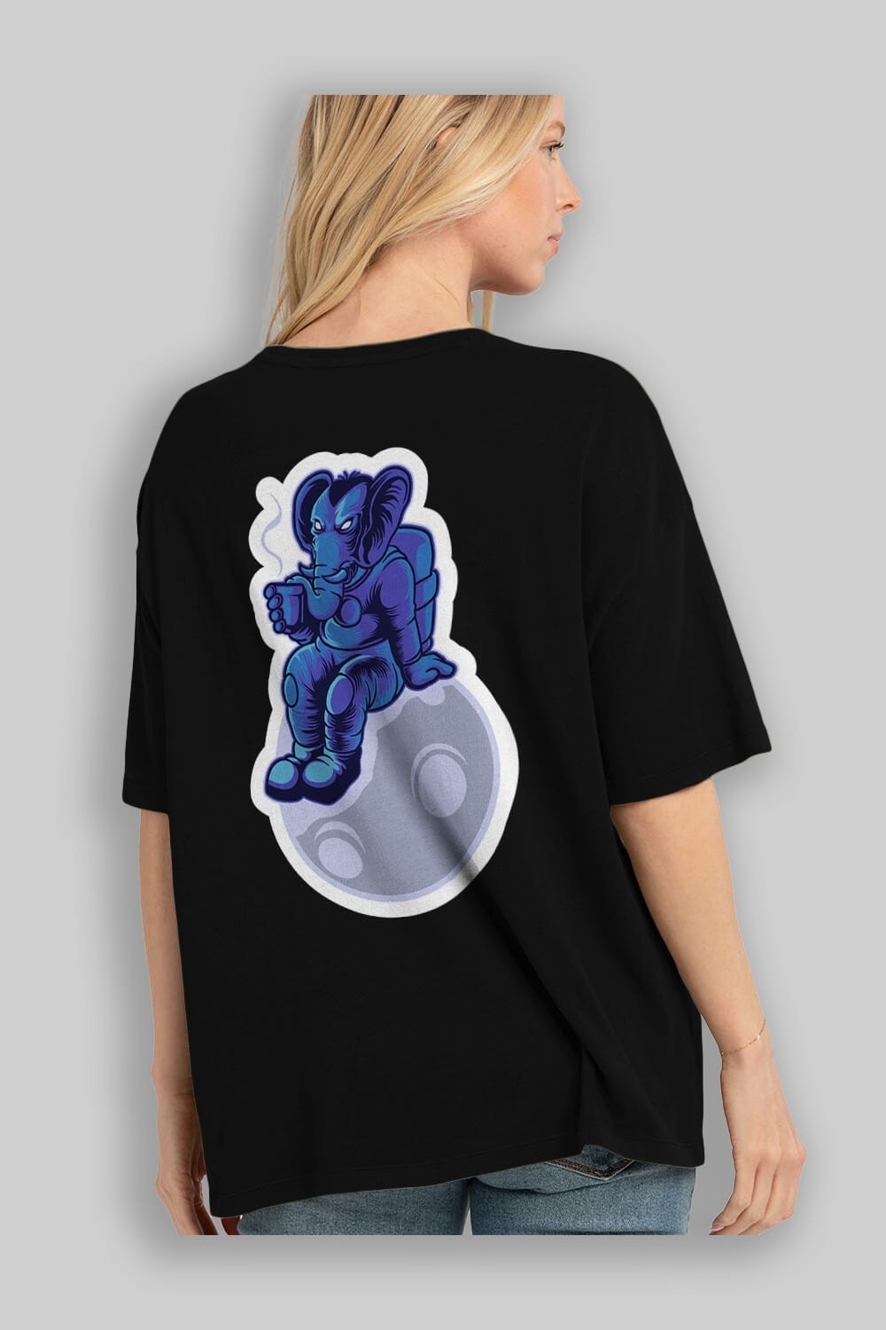 Space Elephant Drink Coffee Sticker Arka Baskılı Oversize t-shirt Erkek Kadın Unisex