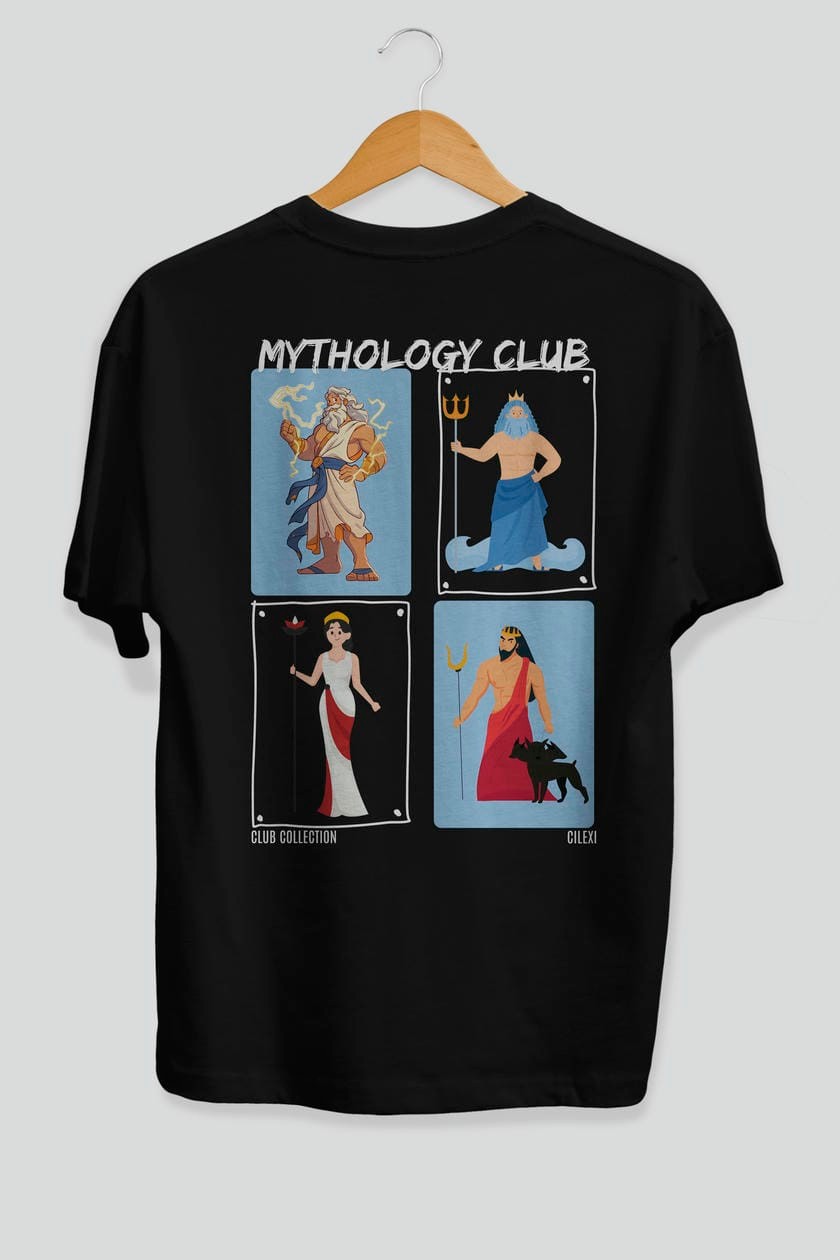 Mythology Club 2 Arka Baskılı Oversize t-shirt Erkek Kadın %100 Pamuk Bisiklet Yaka tişort