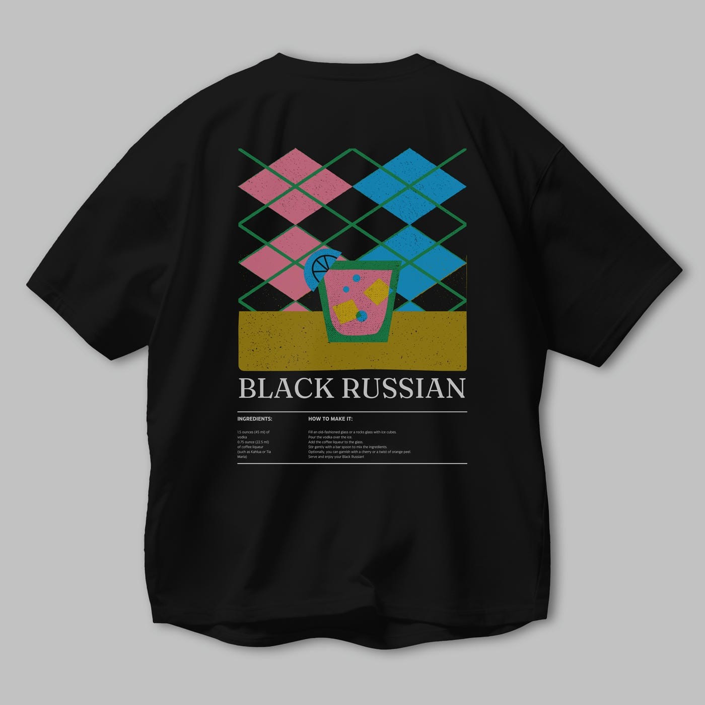 Black Russian Kokteyl Serisi Arka Baskılı Oversize t-shirt Erkek Kadın %100 Pamuk Bisiklet Yaka tişort