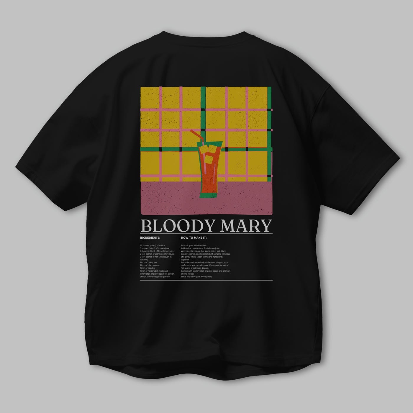 Bloody Mary Kokteyl Serisi Arka Baskılı Oversize t-shirt Erkek Kadın %100 Pamuk Bisiklet Yaka tişort