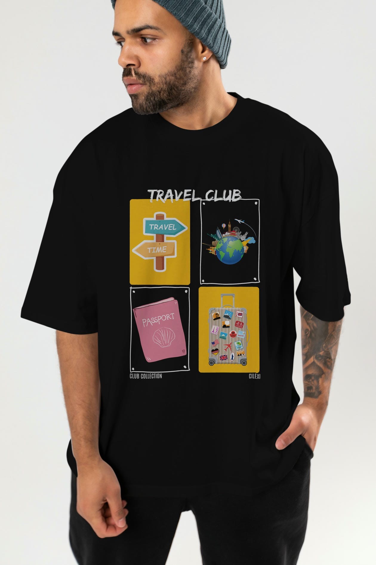 Travel Club ön Baskılı Oversize t-shirt Erkek Kadın %100 Pamuk Bisiklet Yaka tişort