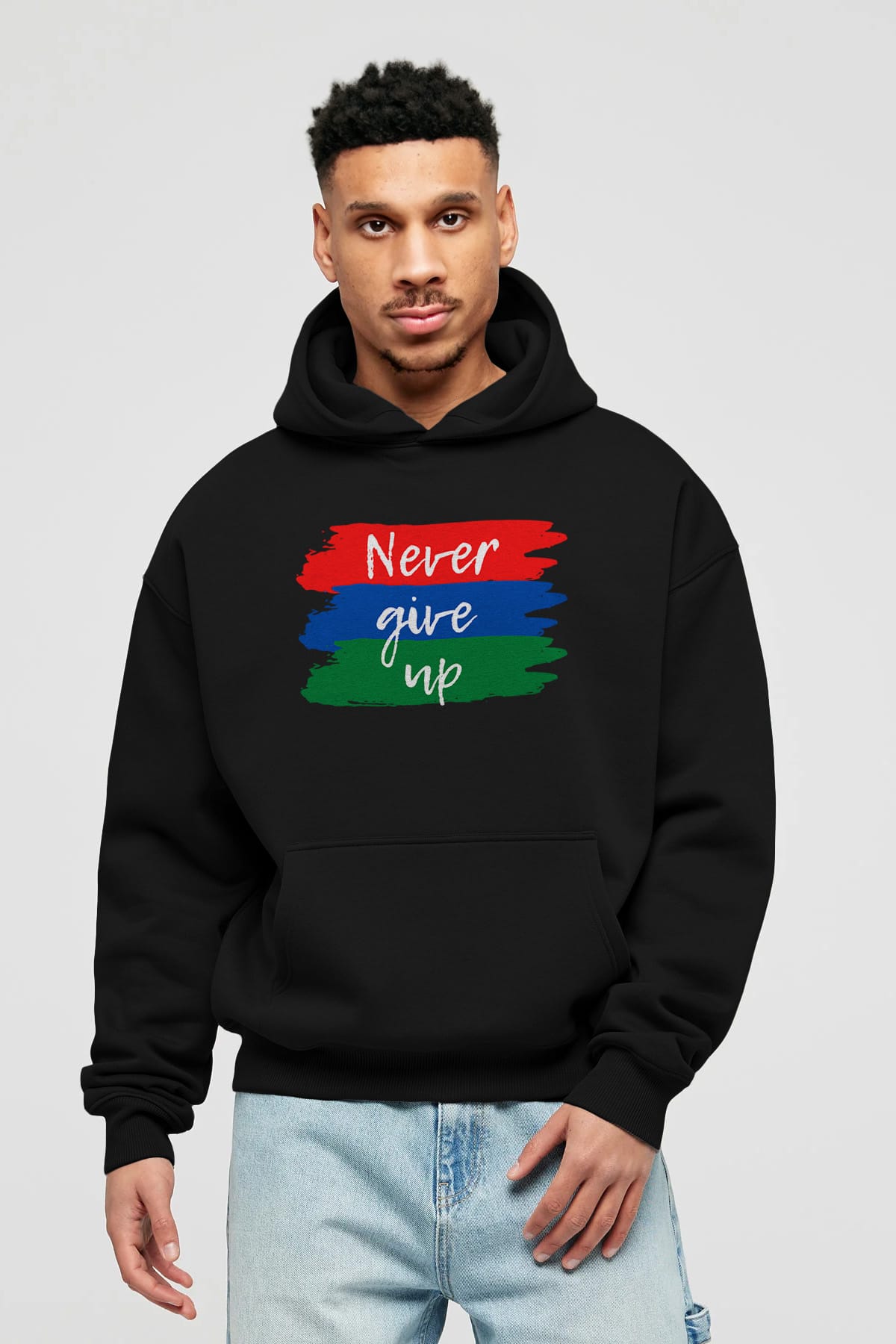 Never Give Up Yazılı Ön Baskılı Oversize Hoodie Kapüşonlu Sweatshirt Erkek Kadın Unisex