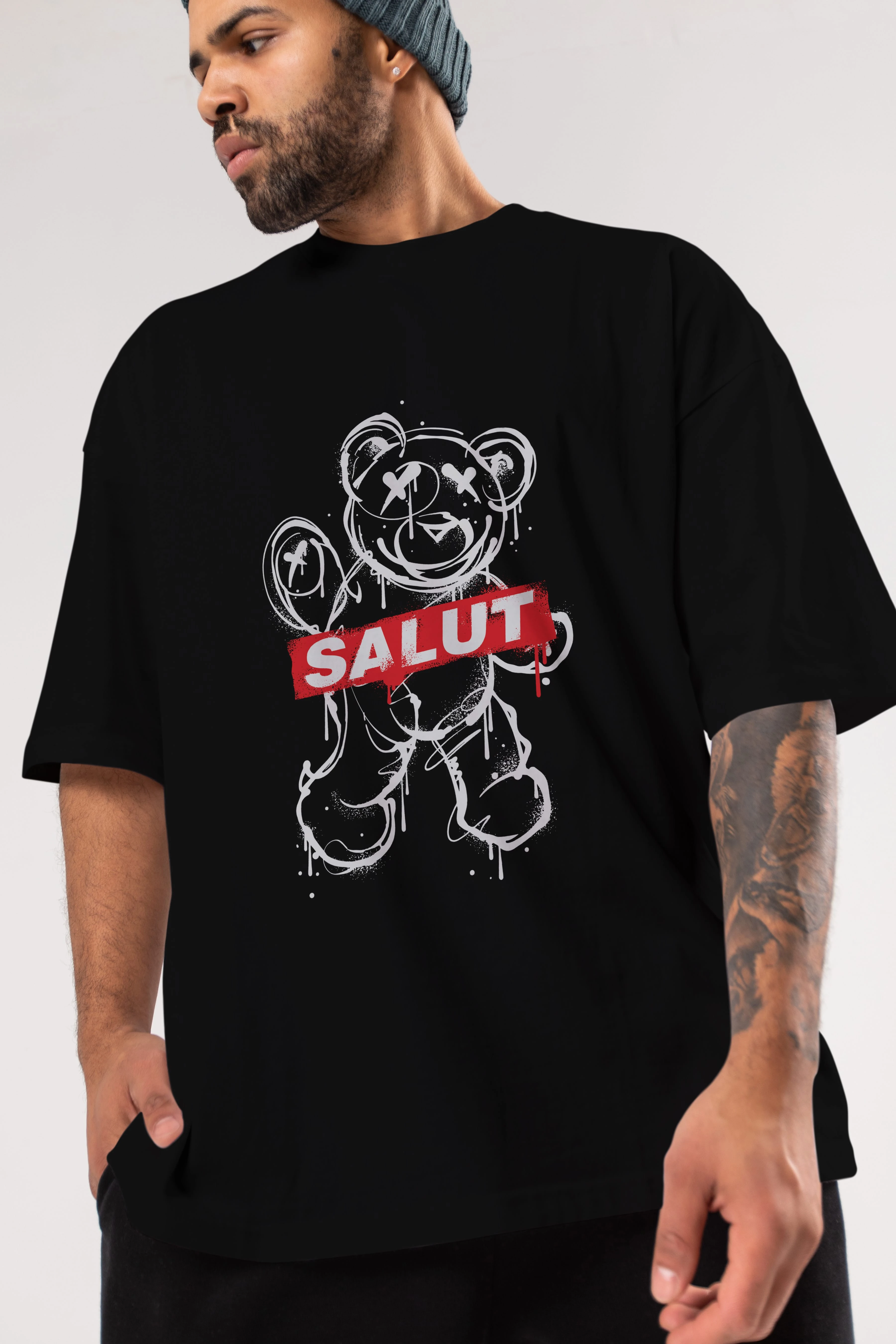 Teddy Bear Salut Ön Baskılı Oversize t-shirt Erkek Kadın Unisex