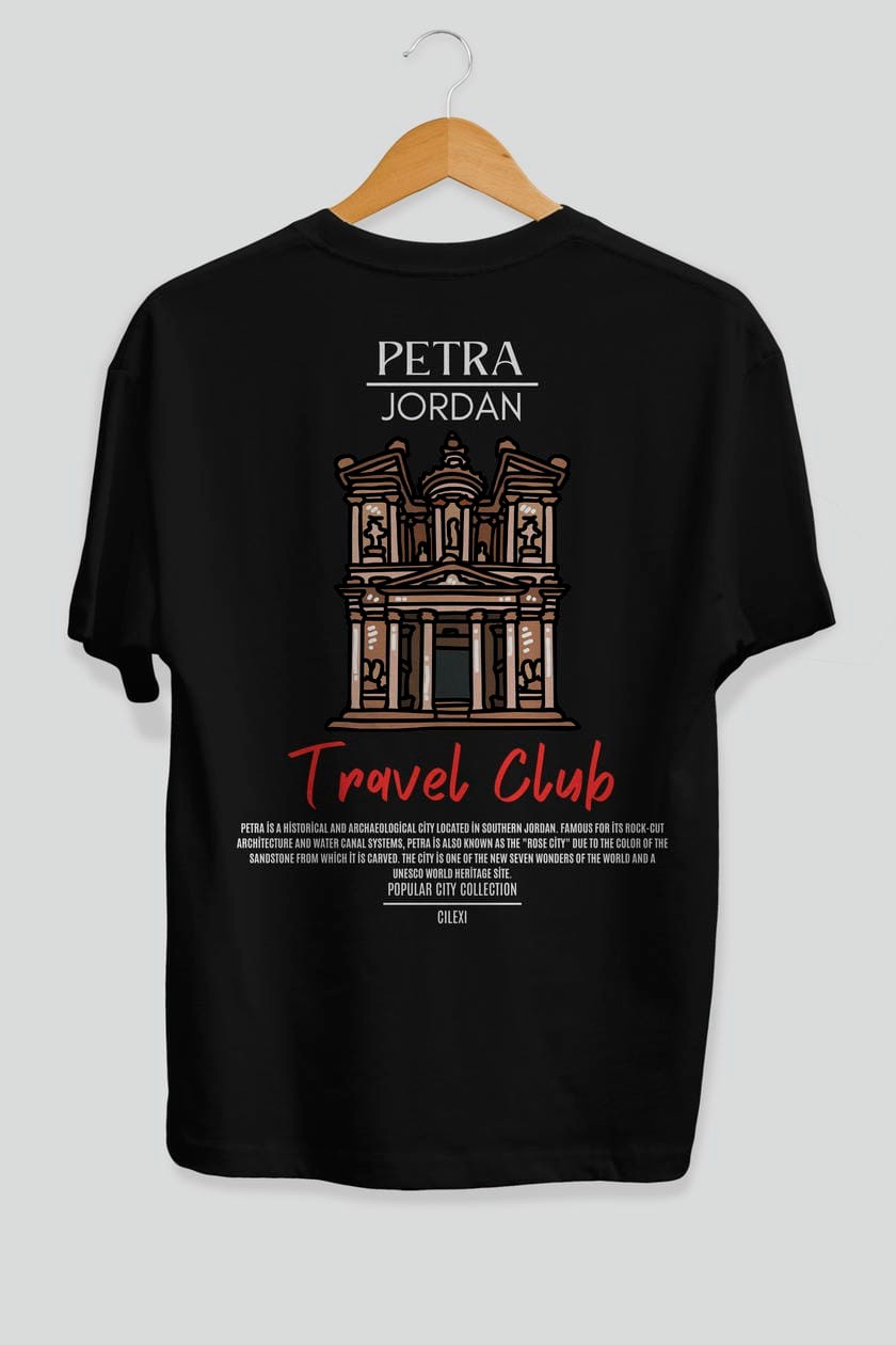 Petra Jordan Arka Baskılı Oversize t-shirt Erkek Kadın Pamuk Bisiklet Yaka tişort