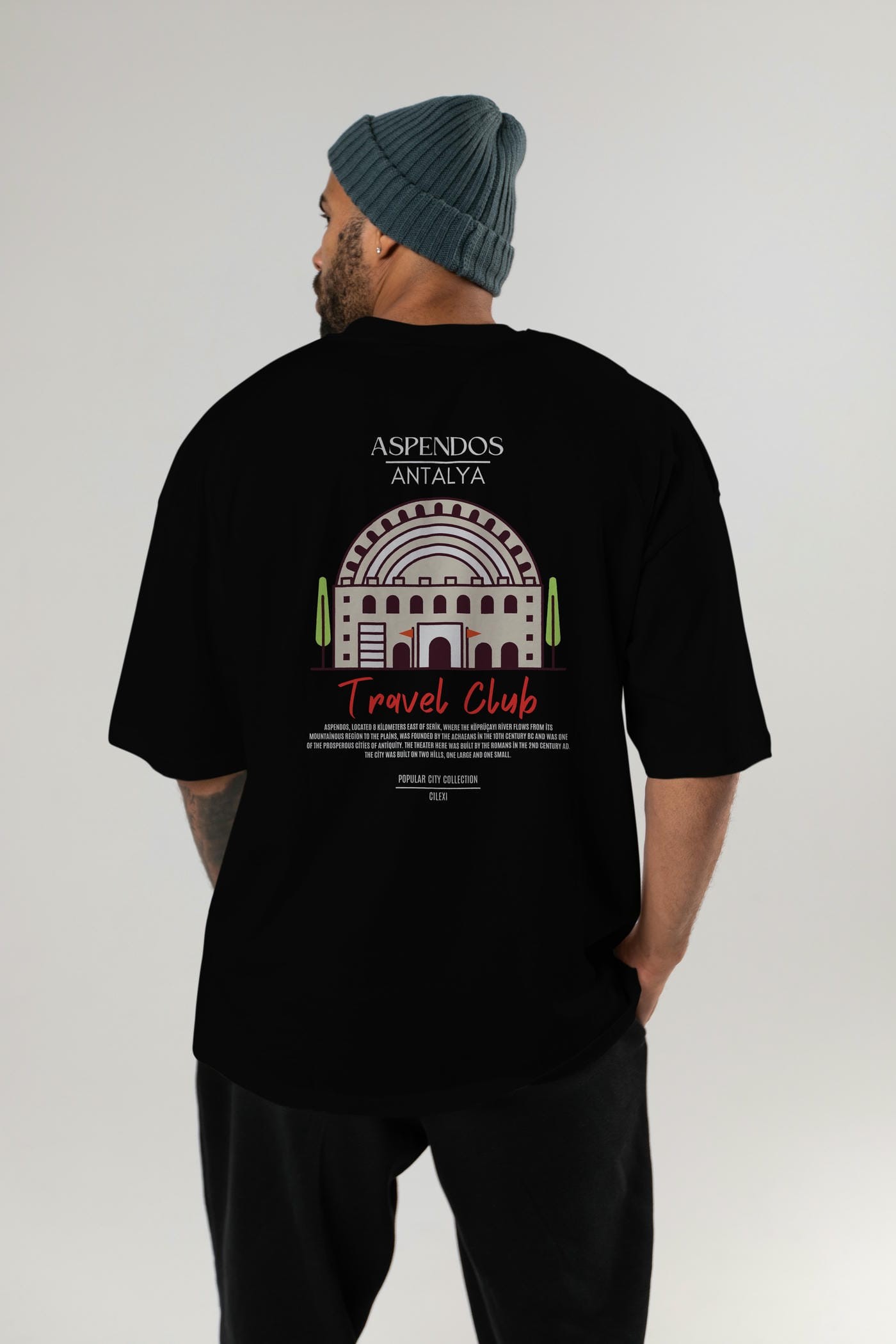 Aspendos Antalya Arka Baskılı Oversize t-shirt Erkek Kadın Pamuk Bisiklet Yaka tişort