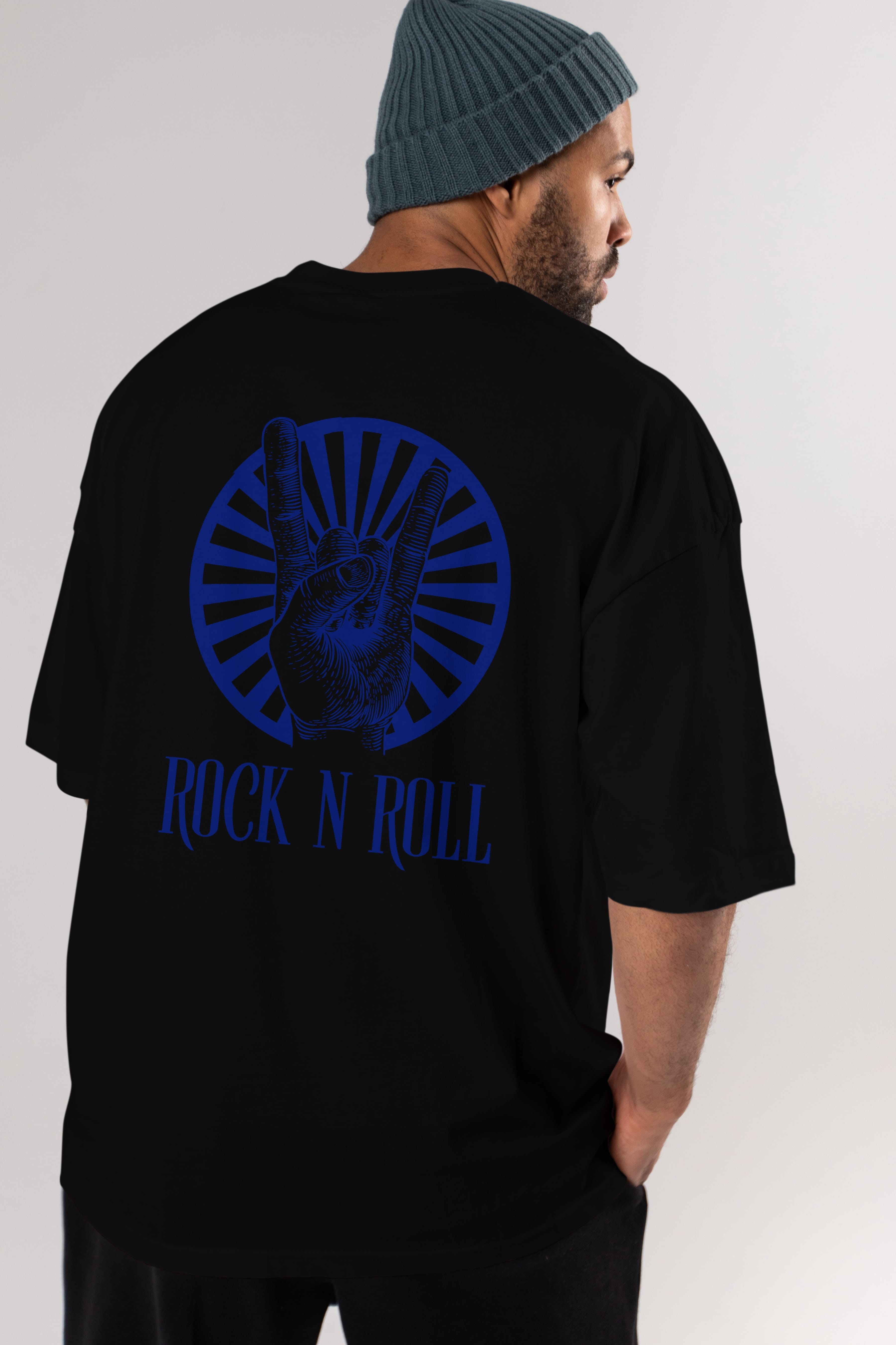 Rock N Roll Yazılı Arka Baskılı Oversize t-shirt Erkek Kadın Unisex