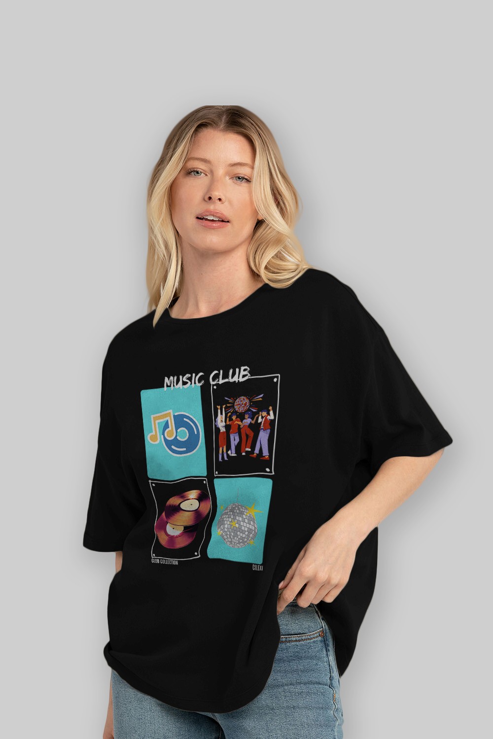 Music Club ön Baskılı Oversize t-shirt Erkek Kadın %100 Pamuk Bisiklet Yaka tişort