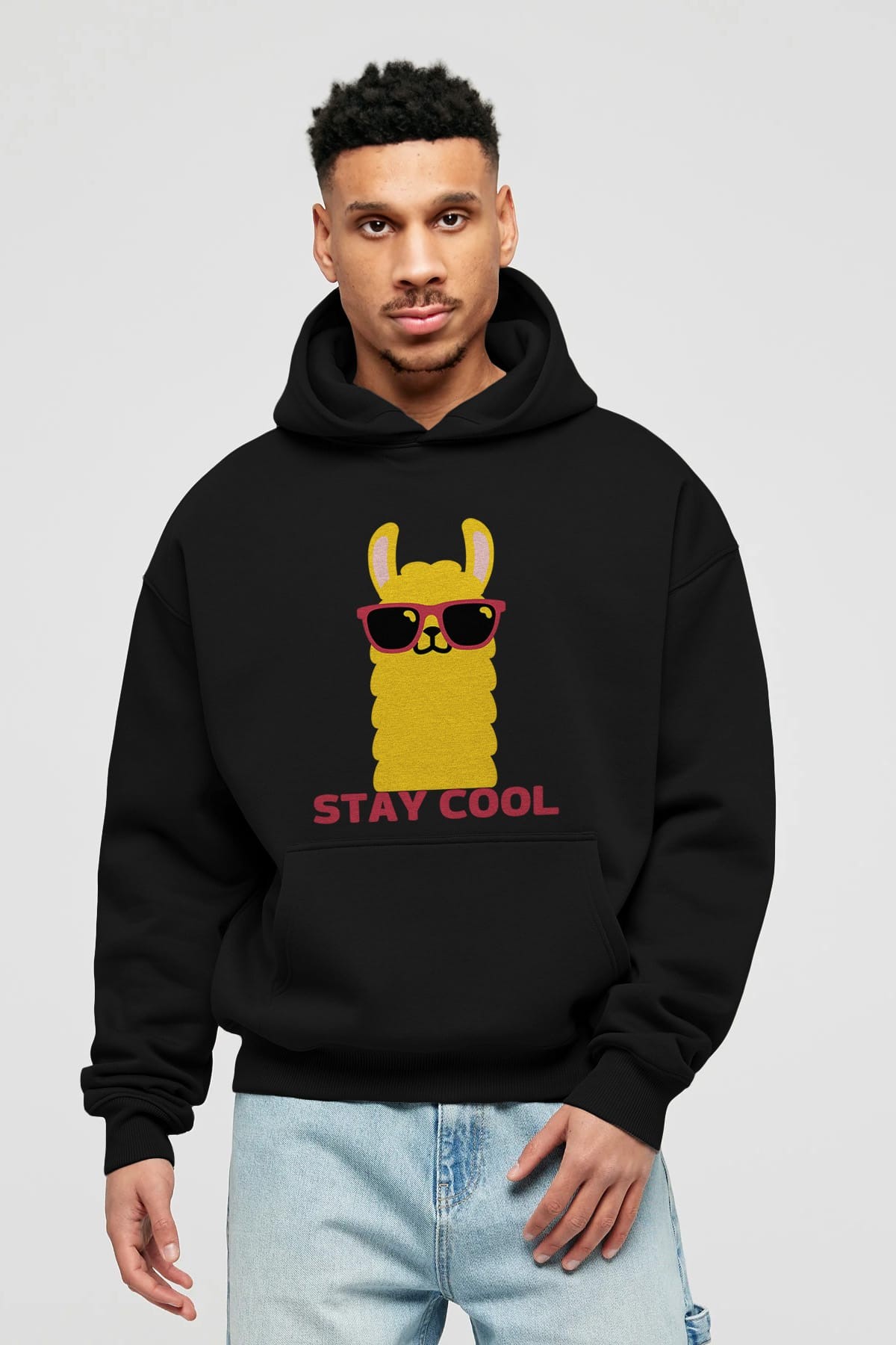 Stay Cool Yazılı Lama Ön Baskılı Oversize Hoodie Kapüşonlu Sweatshirt Erkek Kadın Unisex