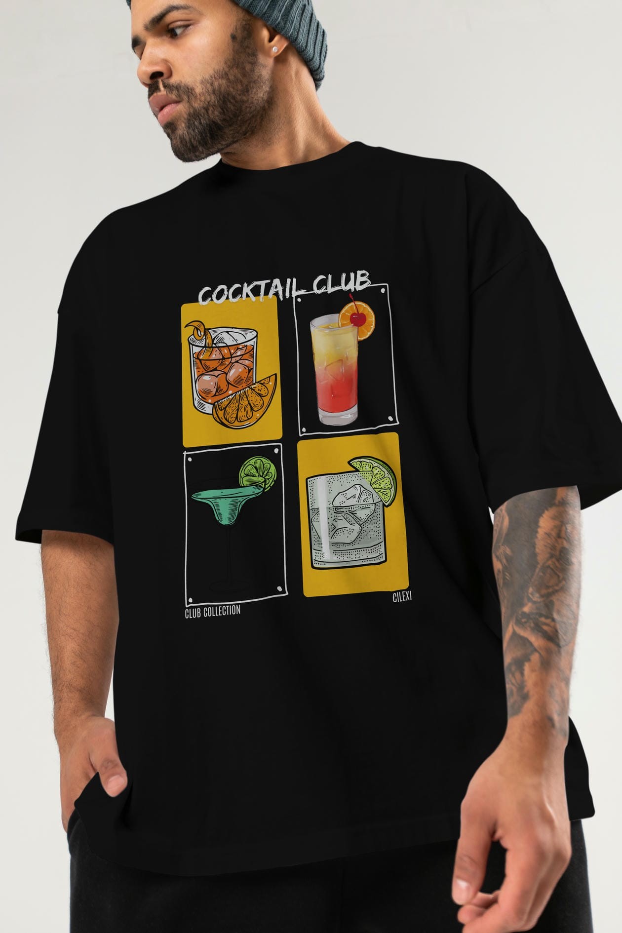 Cocktail Club ön Baskılı Oversize t-shirt Erkek Kadın %100 Pamuk Bisiklet Yaka tişort