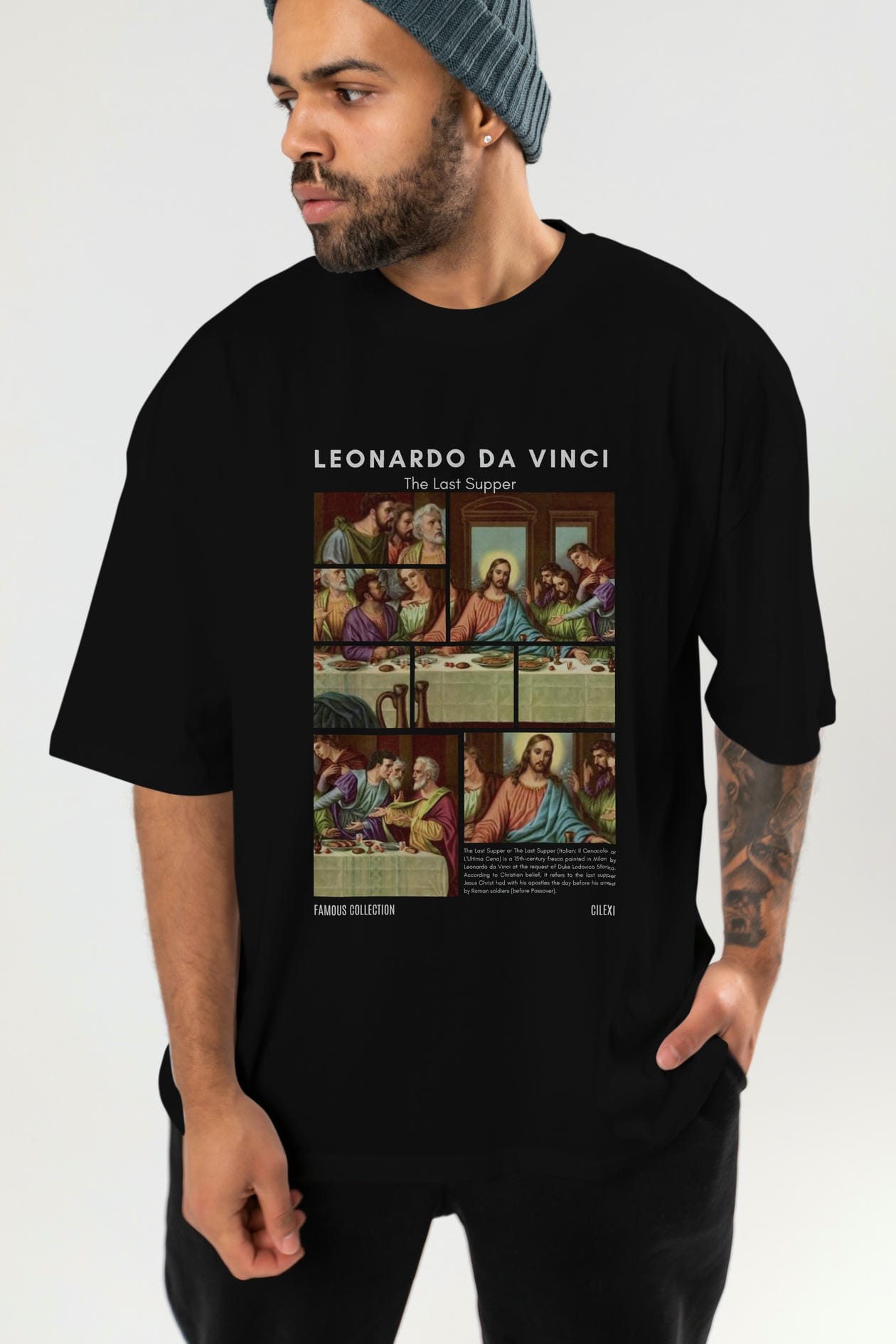 Leonardo Da Vinci ön Baskılı Oversize t-shirt Erkek Kadın Bisiklet Yaka Pamuk tişort