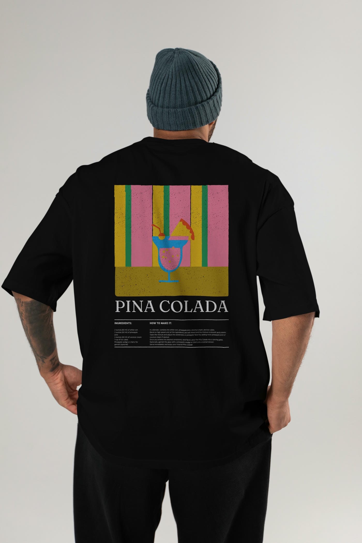Pina Colada Kokteyl Serisi Arka Baskılı Oversize t-shirt Erkek Kadın %100 Pamuk Bisiklet Yaka tişort