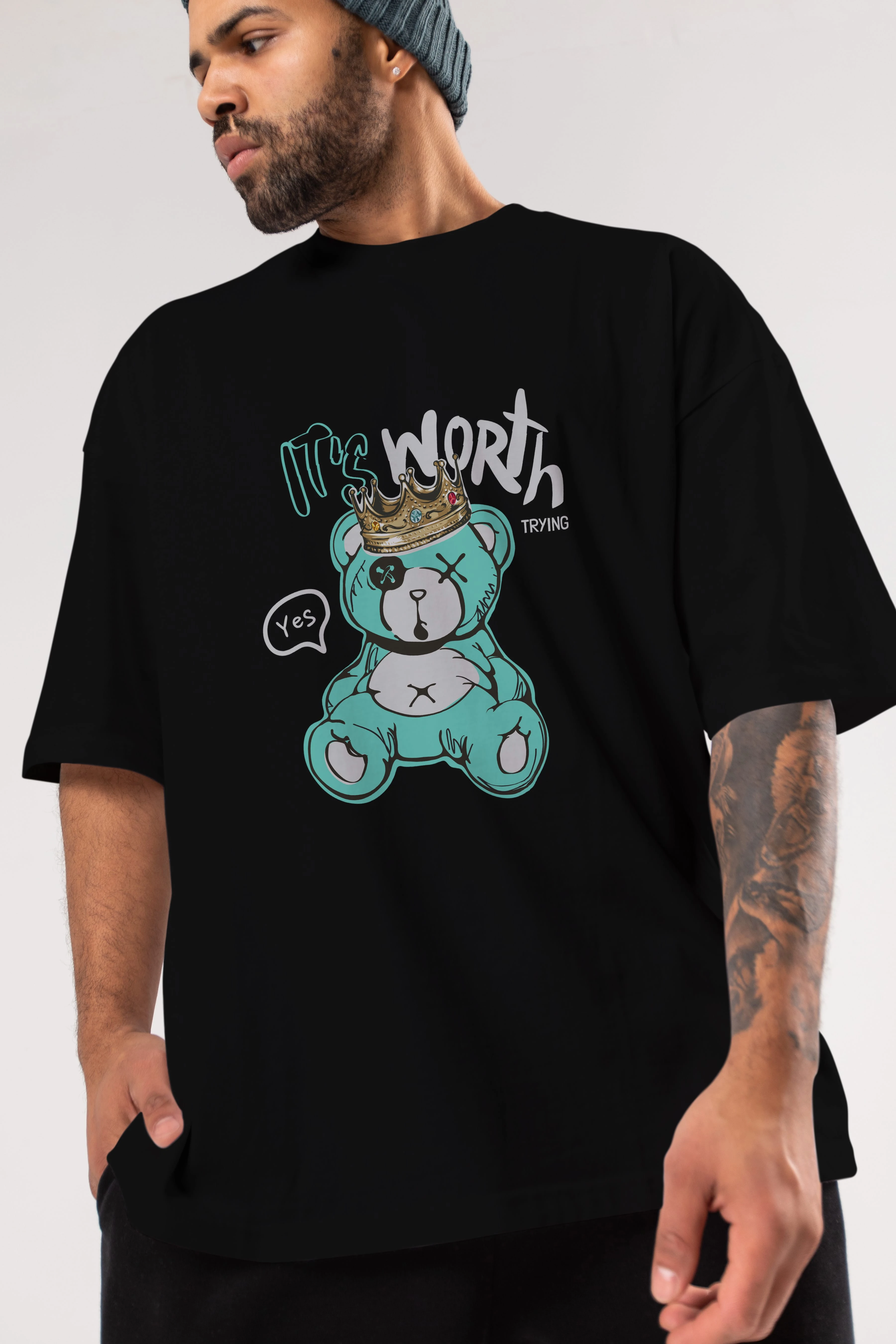 its Worth Trying Bear Ön Baskılı Oversize t-shirt Erkek Kadın Unisex