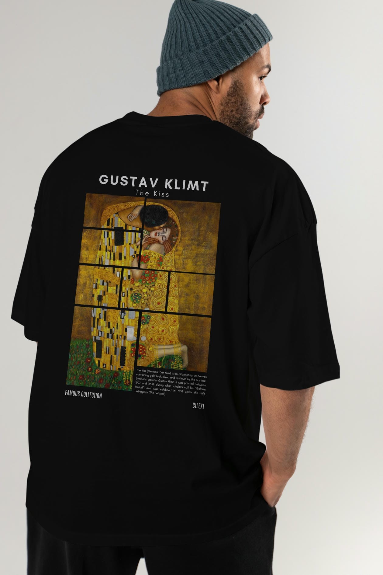 Gustav Klimt The Kiss Arka Baskılı Oversize t-shirt Erkek Kadın Bisiklet Yaka Pamuk tişort