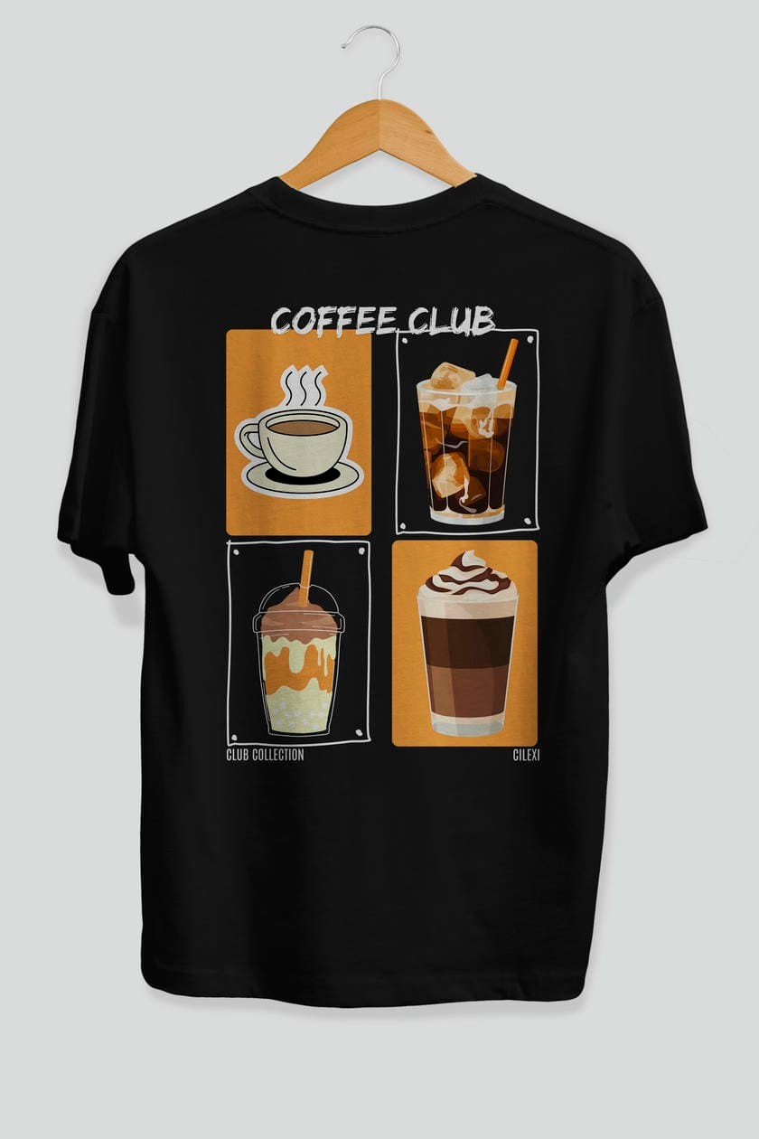Coffee Club Arka Baskılı Oversize t-shirt Erkek Kadın %100 Pamuk Bisiklet Yaka tişort
