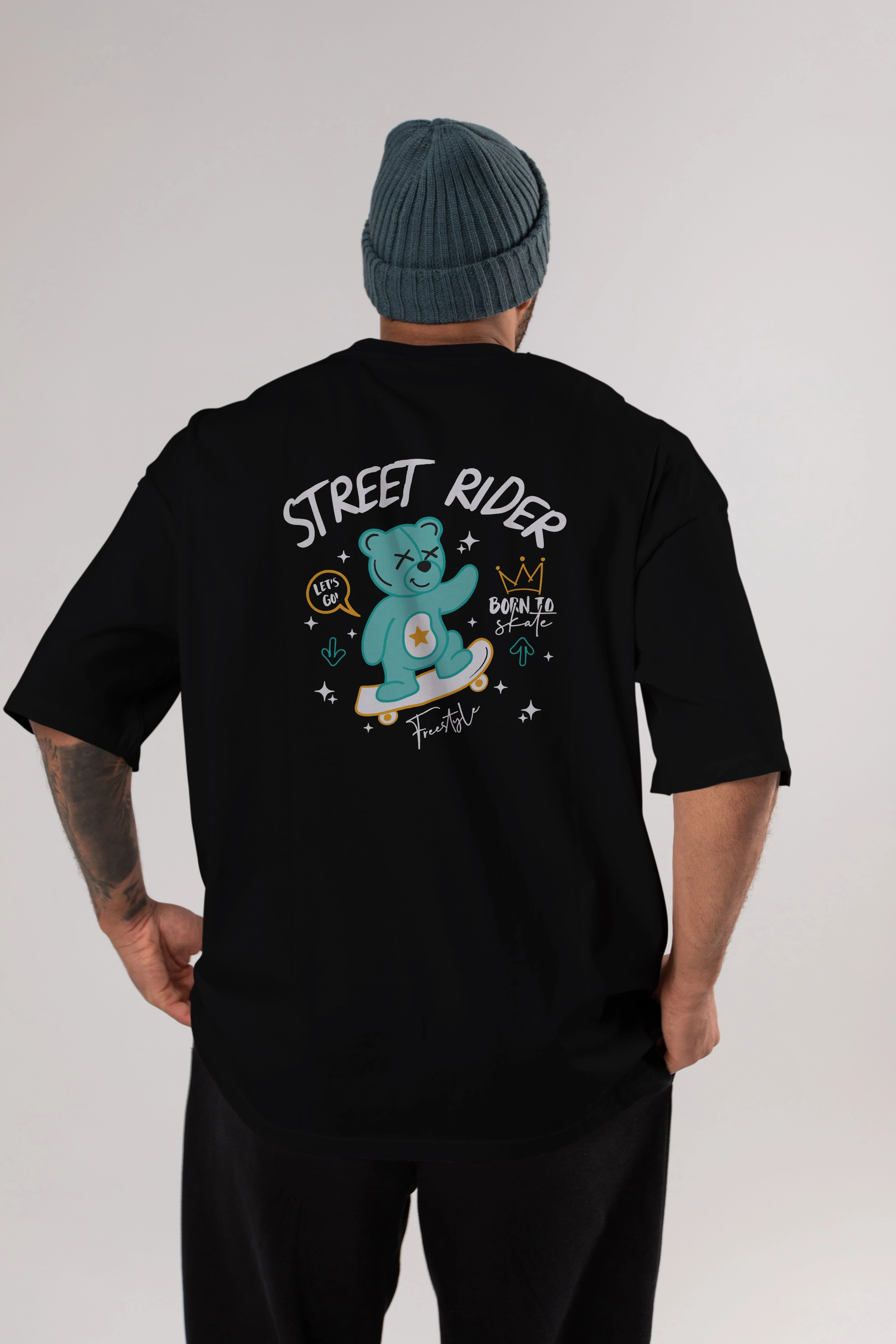 Street Rider Bear Arka Baskılı Oversize t-shirt Erkek Kadın Unisex