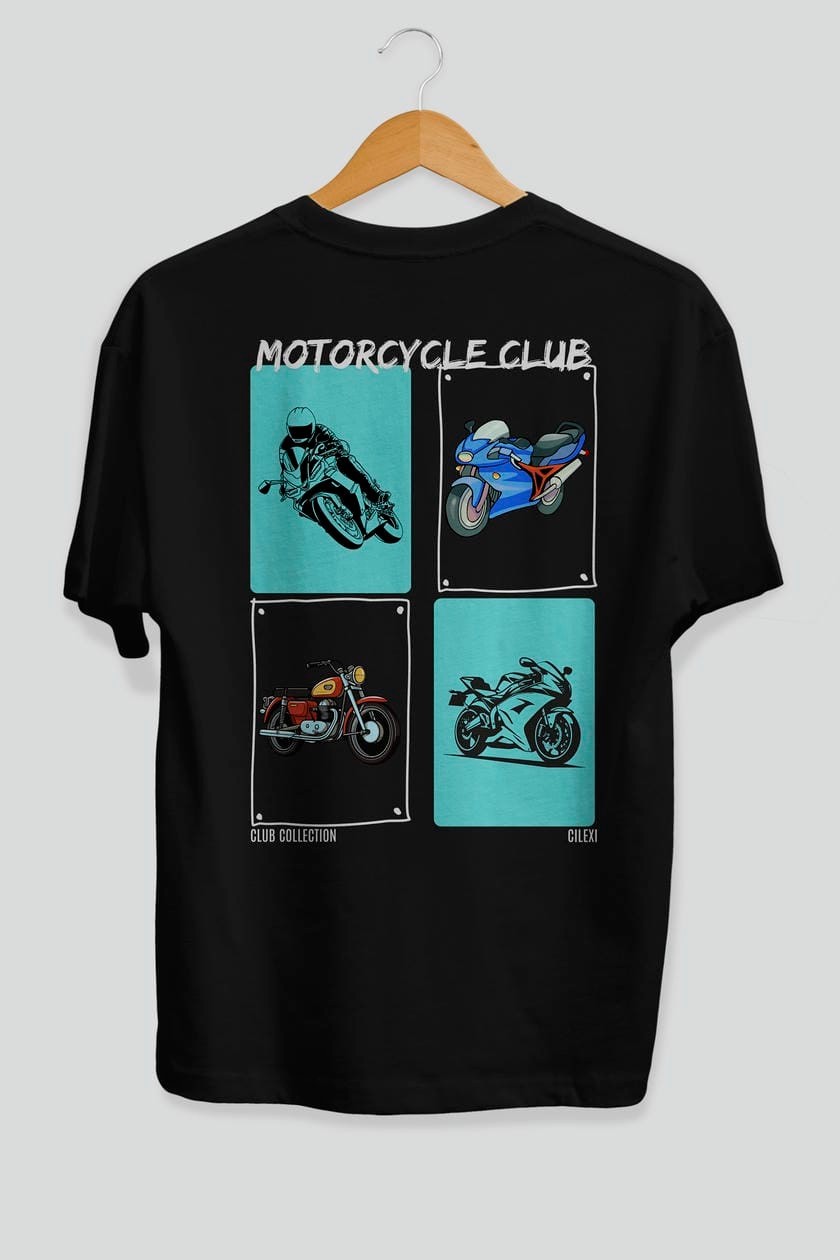 Motorcycle Club Arka Baskılı Oversize t-shirt Erkek Kadın %100 Pamuk Bisiklet Yaka tişort