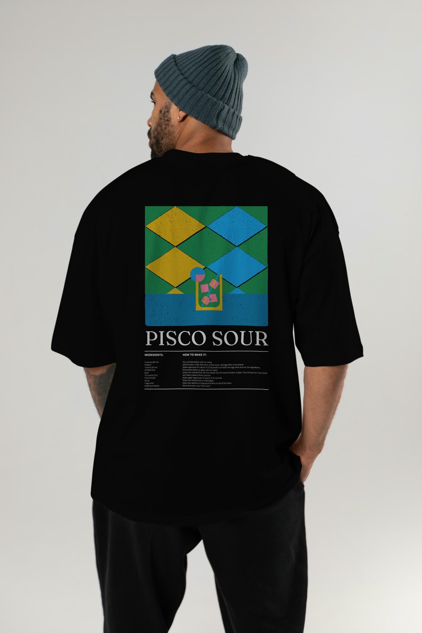 Pisco Sour Kokteyl Serisi Arka Baskılı Oversize t-shirt Erkek Kadın %100 Pamuk Bisiklet Yaka tişort