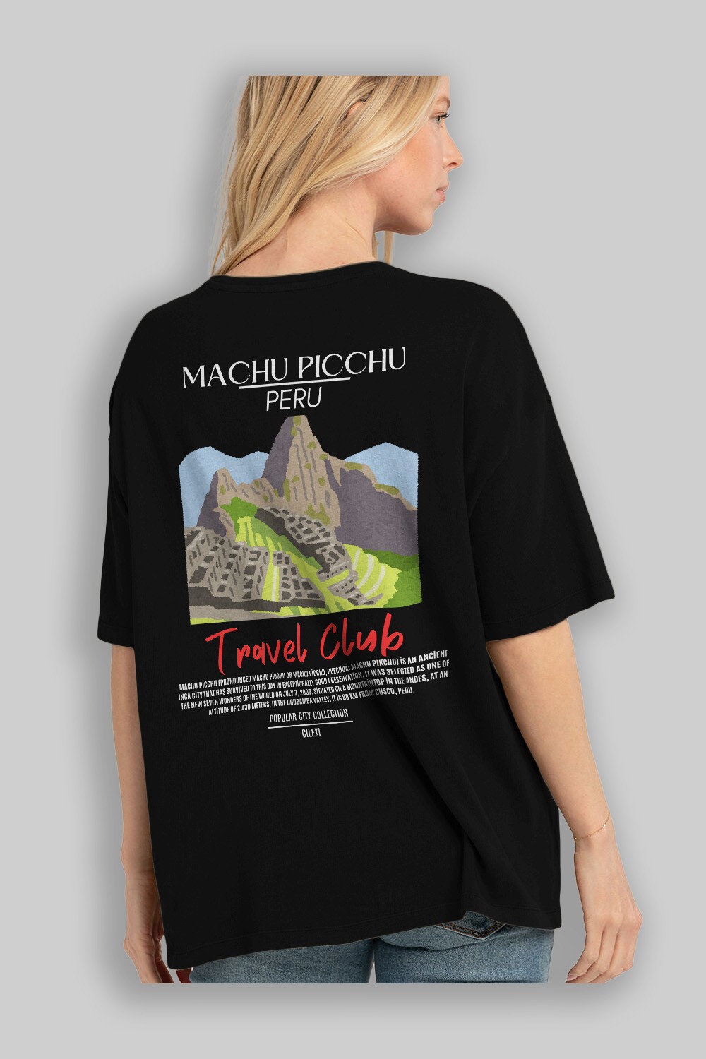Machu Picchu Peru Arka Baskılı Oversize t-shirt Erkek Kadın Pamuk Bisiklet Yaka tişort