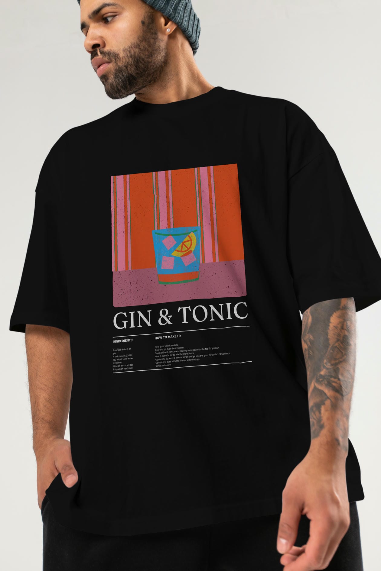 Gin tonic Kokteyl Ön Baskılı Oversize t-shirt Erkek Kadın %100 Pamuk Bisiklet Yaka tişort