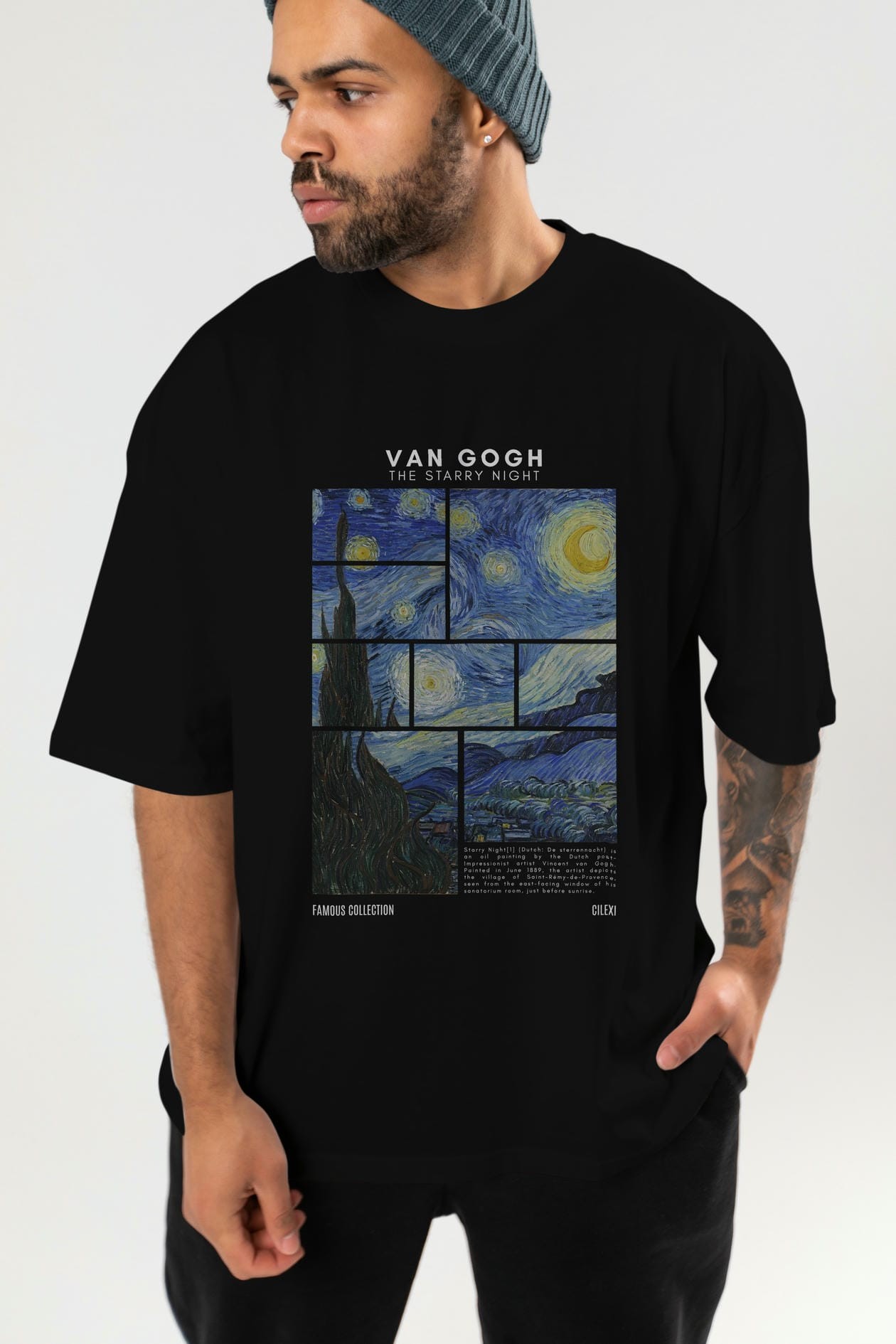 Van Gogh The Starry Night ön Baskılı Oversize t-shirt Erkek Kadın Bisiklet Yaka Pamuk tişort