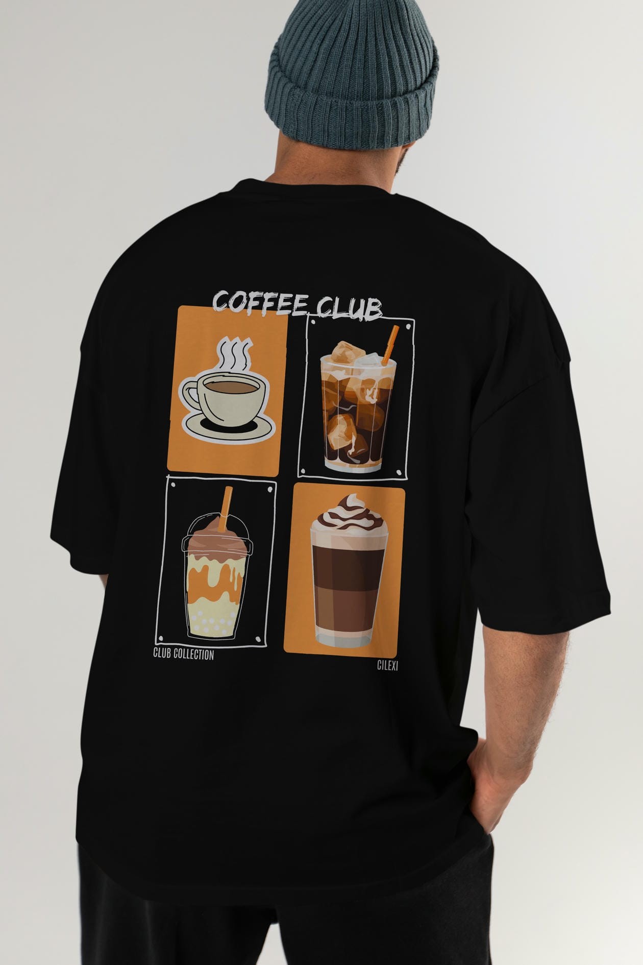 Coffee Club Arka Baskılı Oversize t-shirt Erkek Kadın %100 Pamuk Bisiklet Yaka tişort
