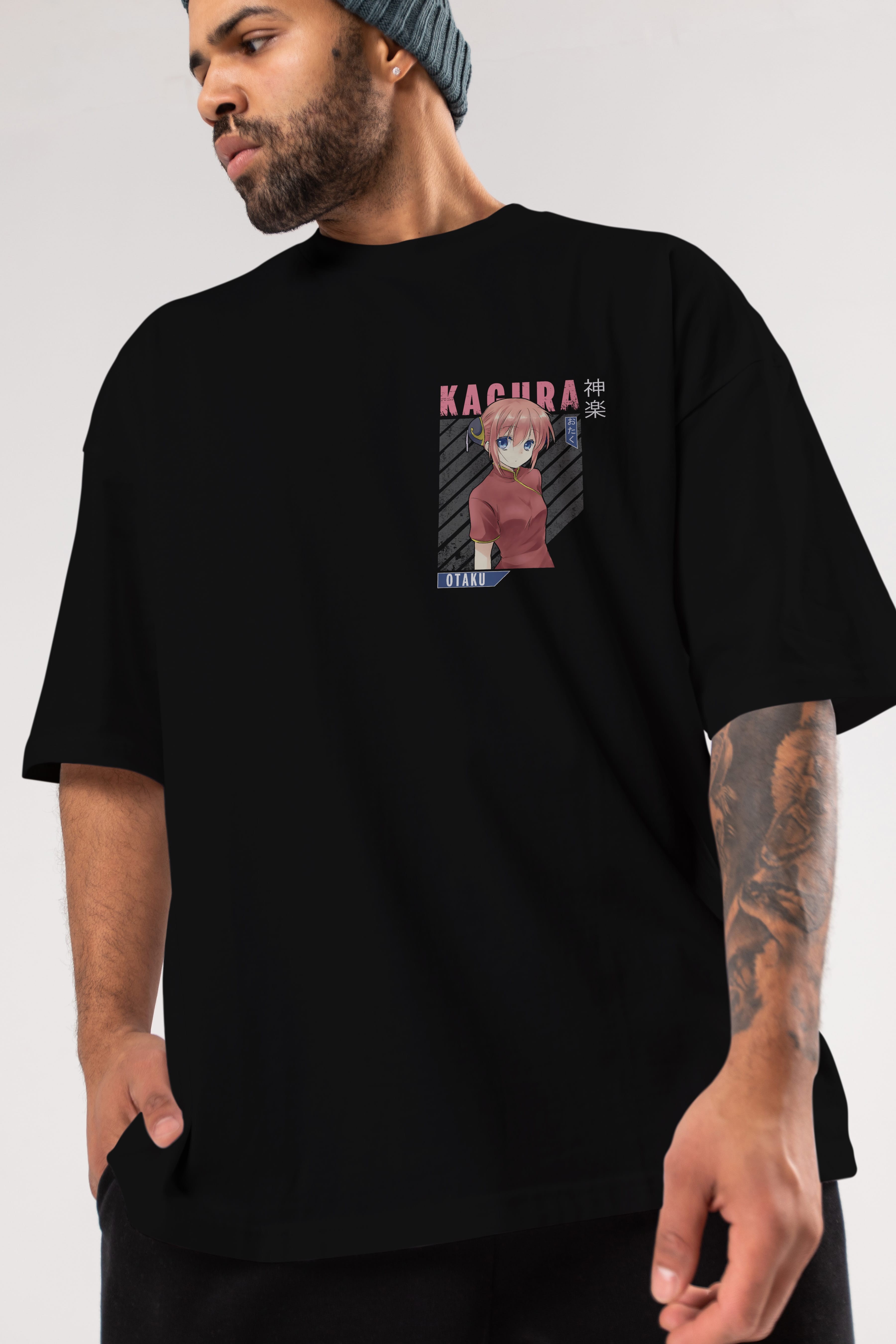 Kagura GINTAMA Ön Sol Baskılı Oversize t-shirt Erkek Kadın Unisex %100 Pamuk Bisiklet Yaka tişort