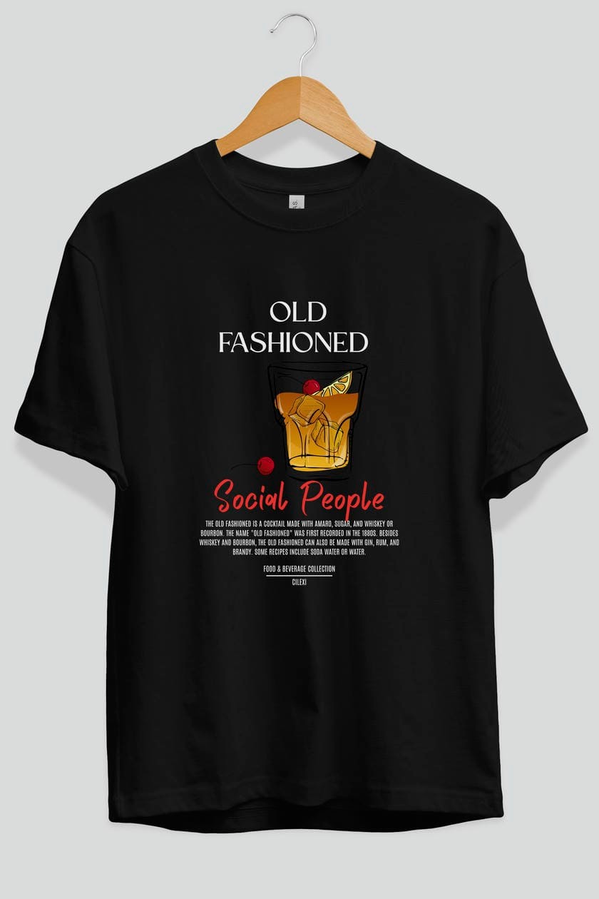 Old Fashıoned Kokteyl Serisi ön Baskılı Oversize t-shirt Erkek Kadın %100 Pamuk Bisiklet Yaka tişort